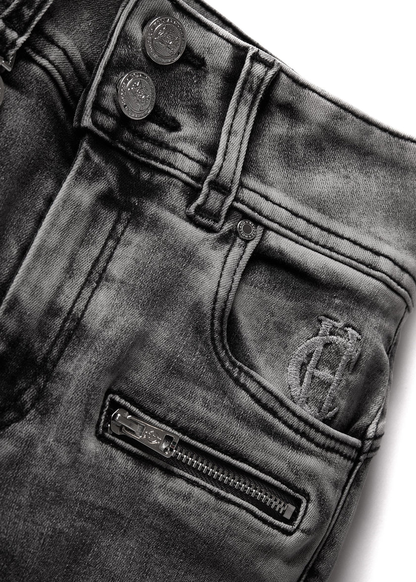 hc embroidery detail on left pocket facing on womens high rise vintage grey skinny stretch jean with pin tuck biker panels to front and two open zip pockets on front