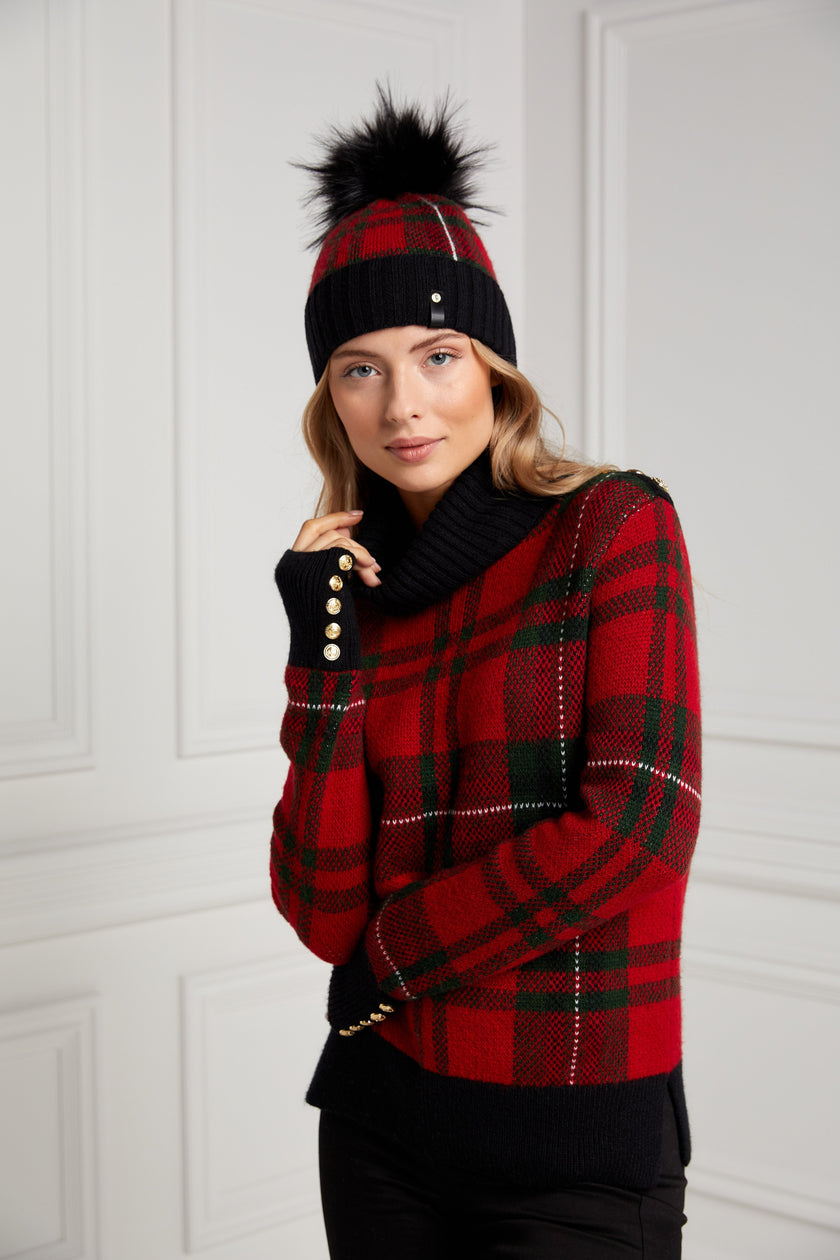 Knitted Bobble Hat (Red Tartan)