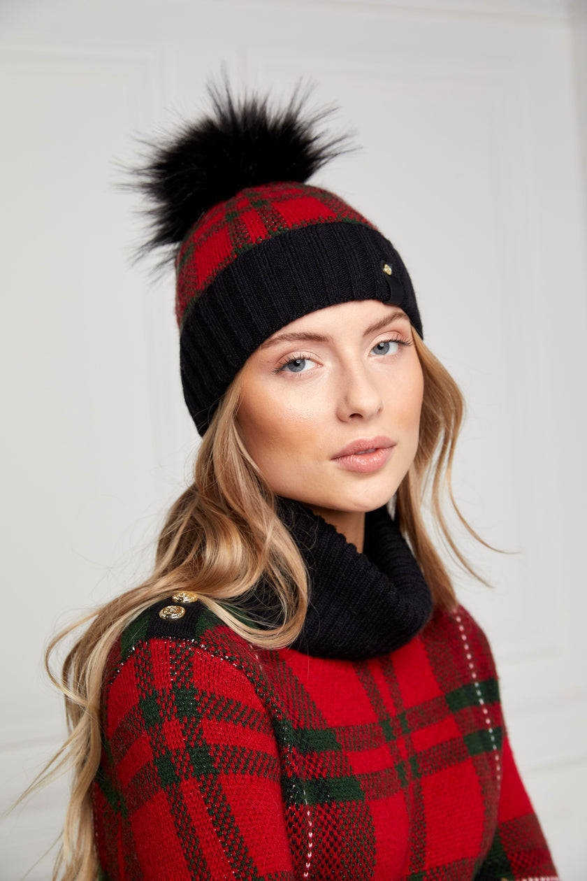 Knitted Bobble Hat (Red Tartan)