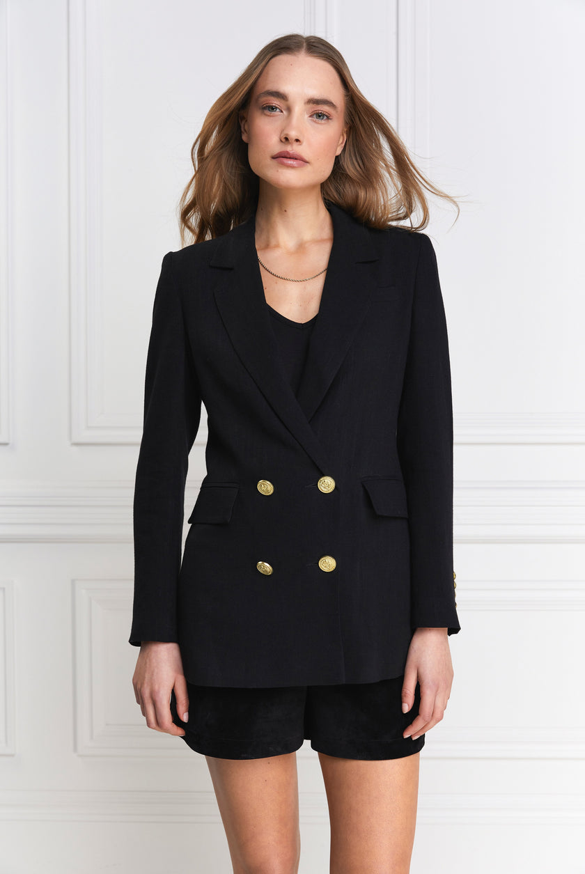 double breasted linen blazer in black with two hip pockets and gold button details down front and on cuffs and handmade in the uk