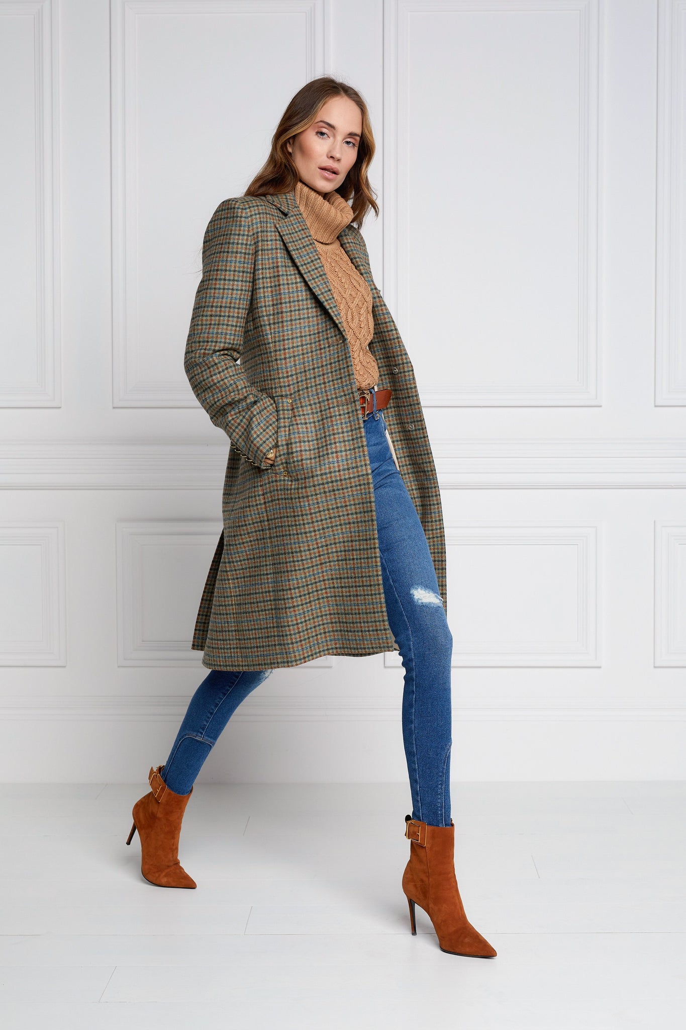 womens green tweed knee length single breasted coat detailed with gold hardware