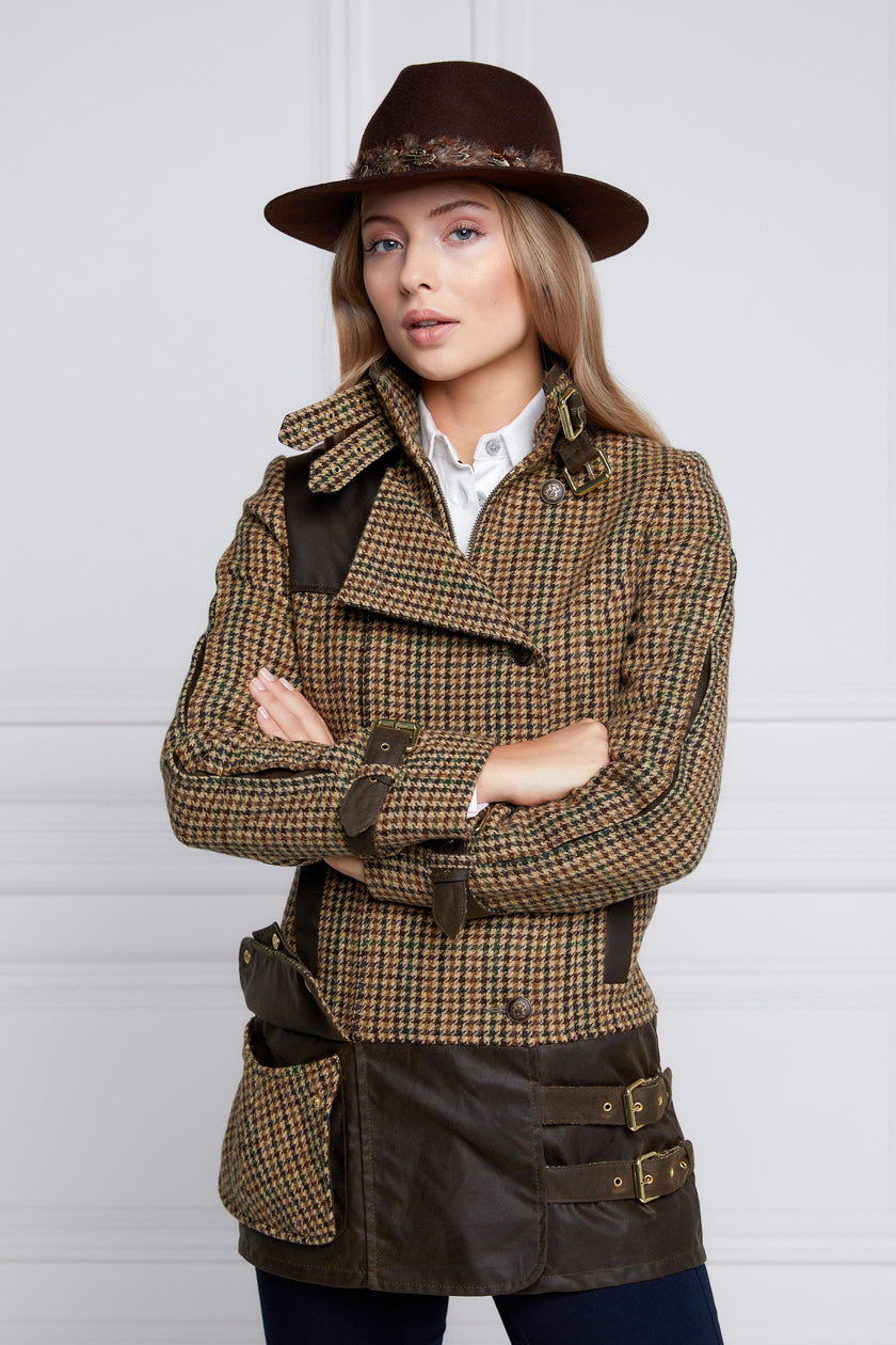 womens fitted field jacket in stone brown and green houndstooth tweed trimmed with contrast chocolate Millerain Wax fabric on shoulder across back and on the hip finished with horn button fastenings an buckles on the collar cuffs and hip