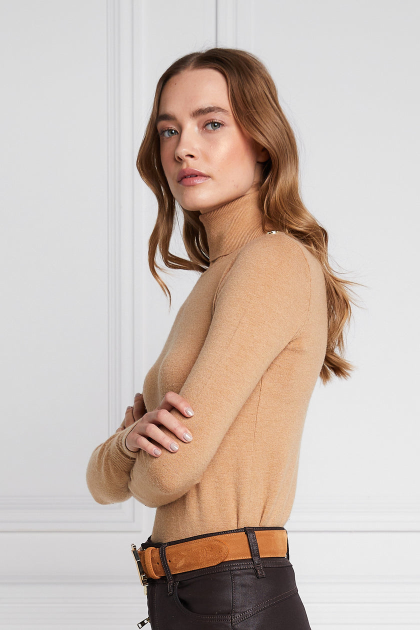 super soft lightweight jumper in dark camel with ribbed roll neck collar, cuffs and hem