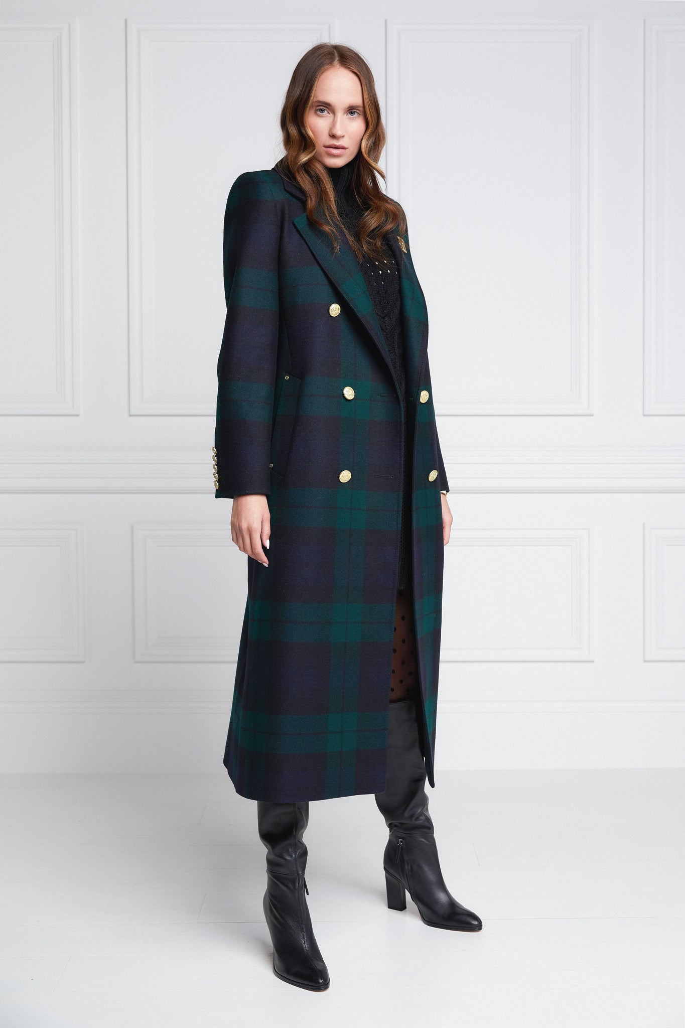 Womens blackwatch navy and green double breasted mid-length tartan tweed coat 