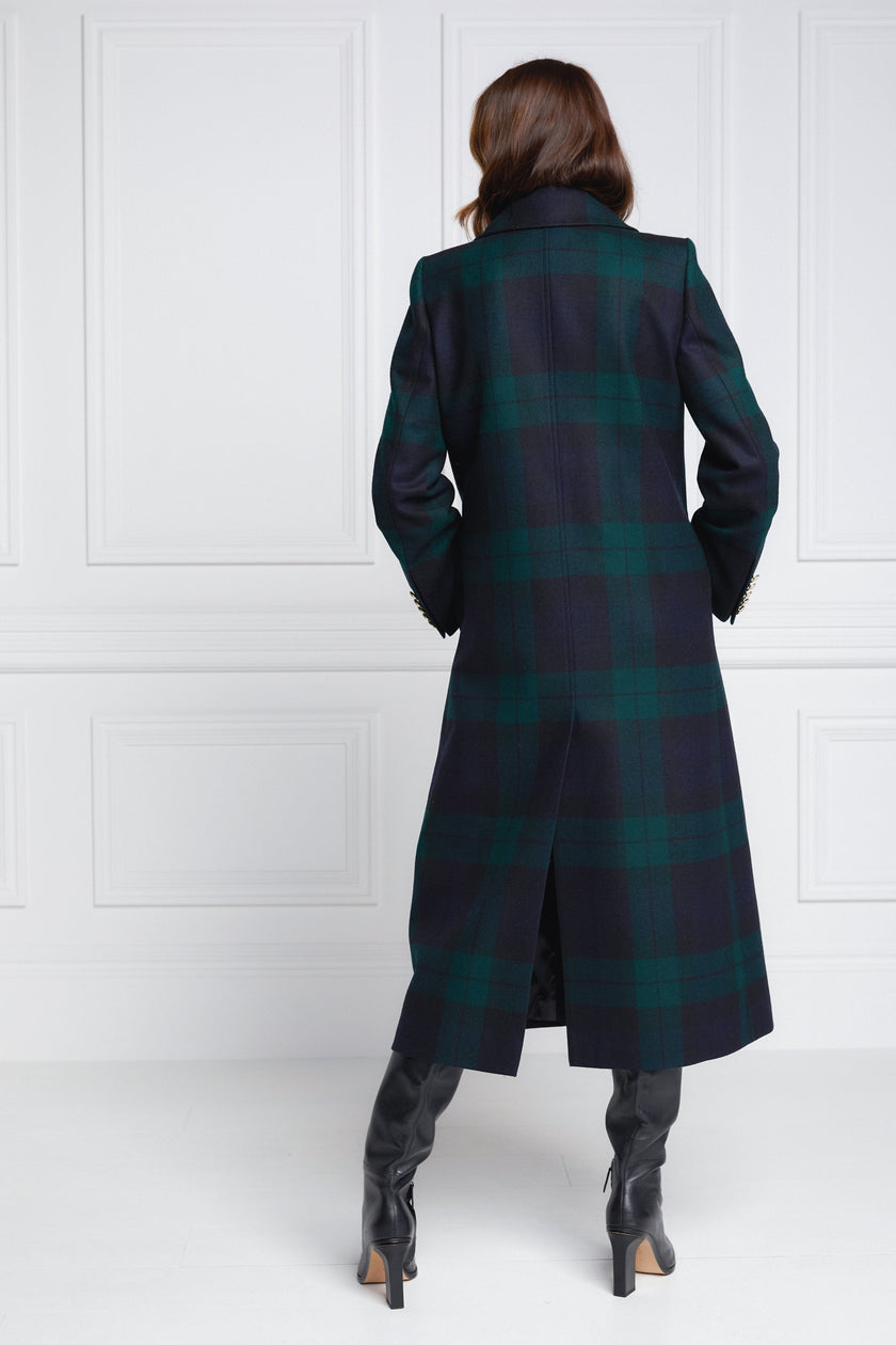 Womens blackwatch navy and green double breasted mid-length tartan tweed coat 