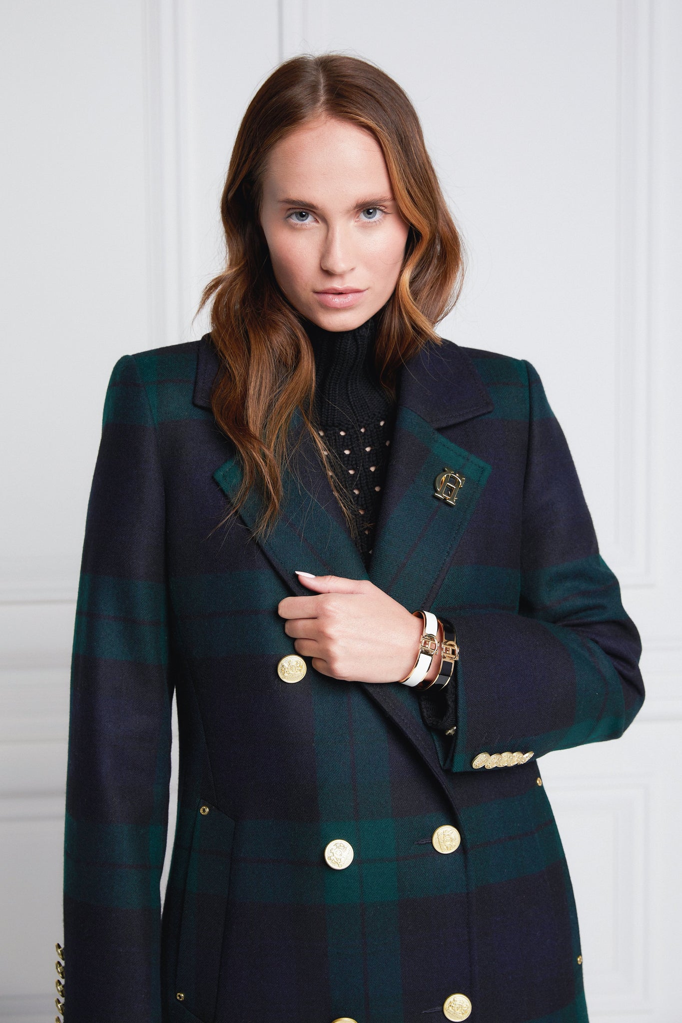 Womens blackwatch navy and green double breasted mid-length tartan tweed coat 