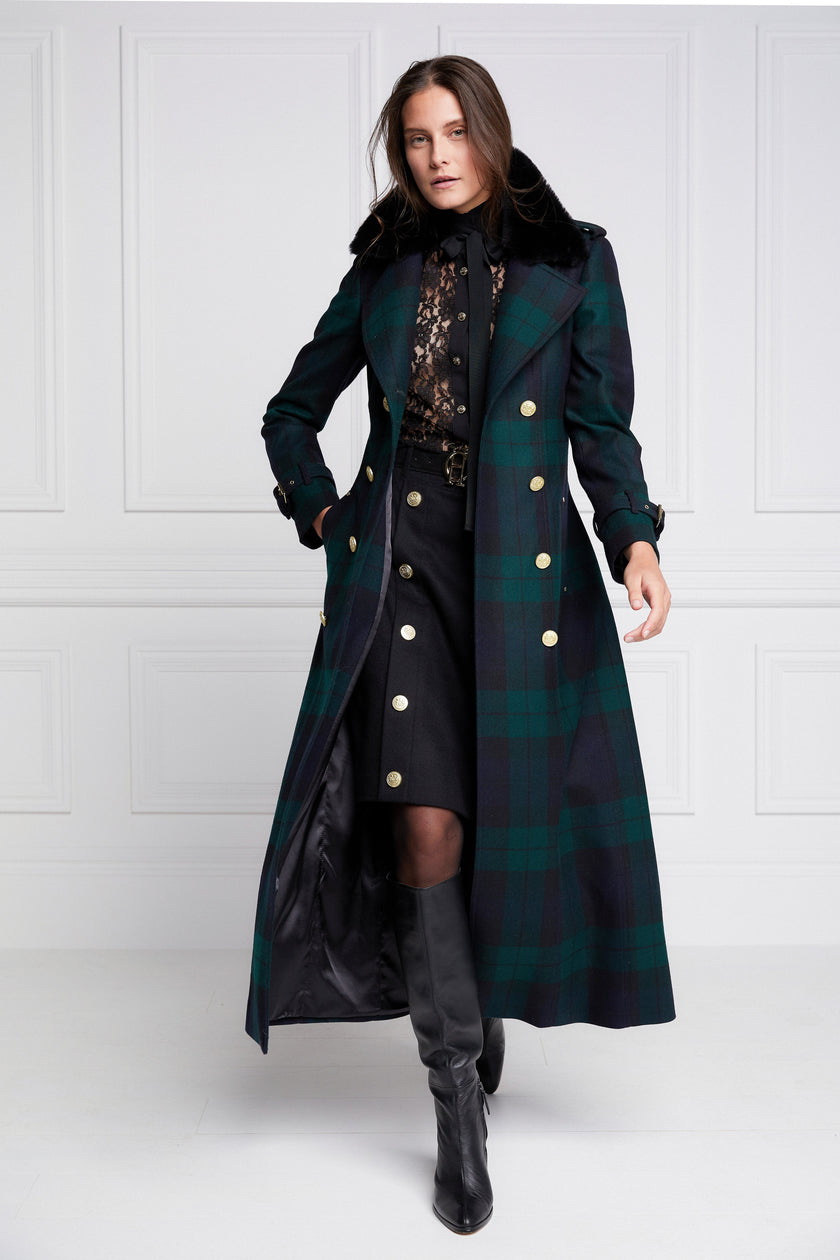 womens navy and green blackwatch houndstooth double breasted full length trench coat with black faux fur collar