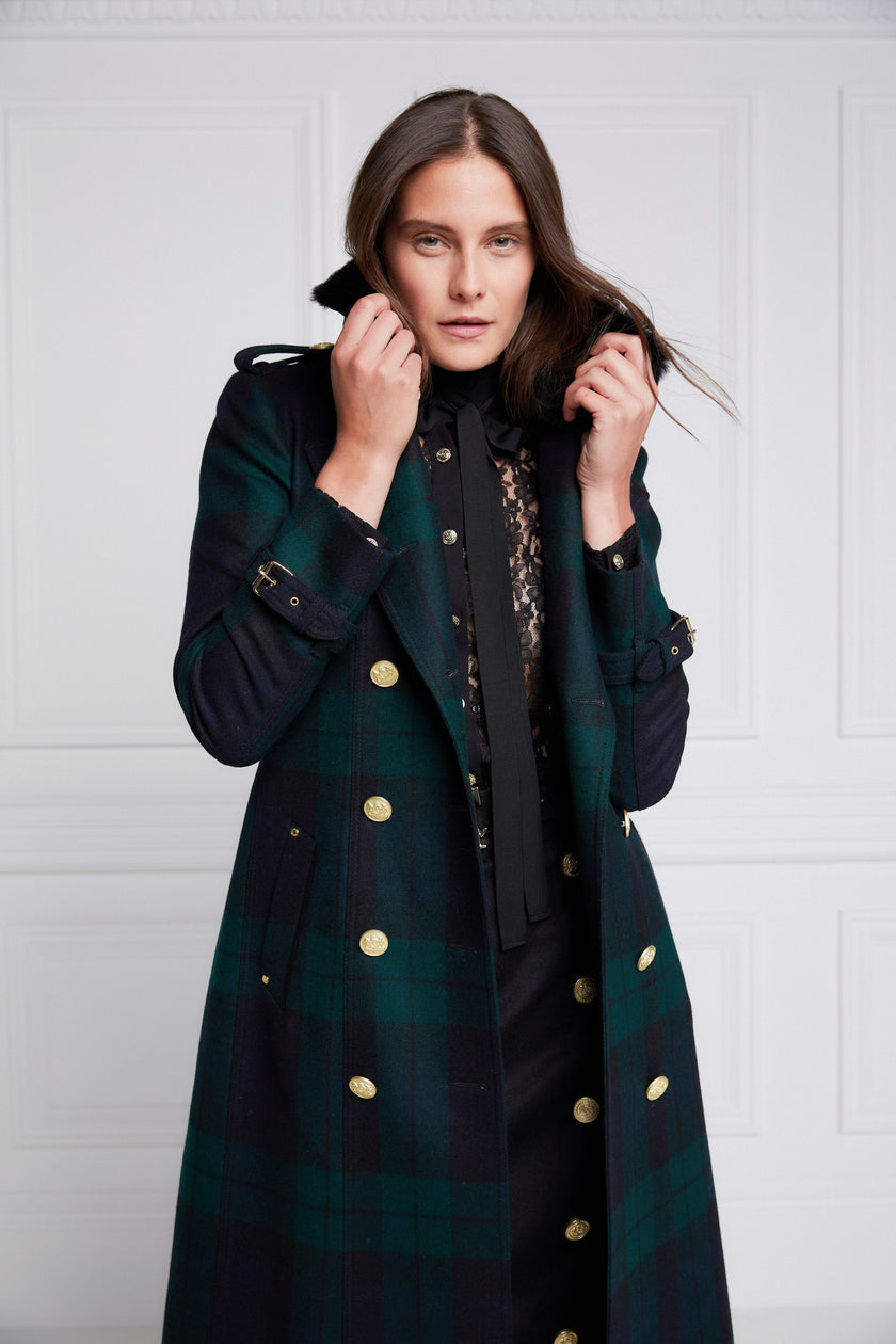 womens navy and green blackwatch houndstooth double breasted full length trench coat with black faux fur collar