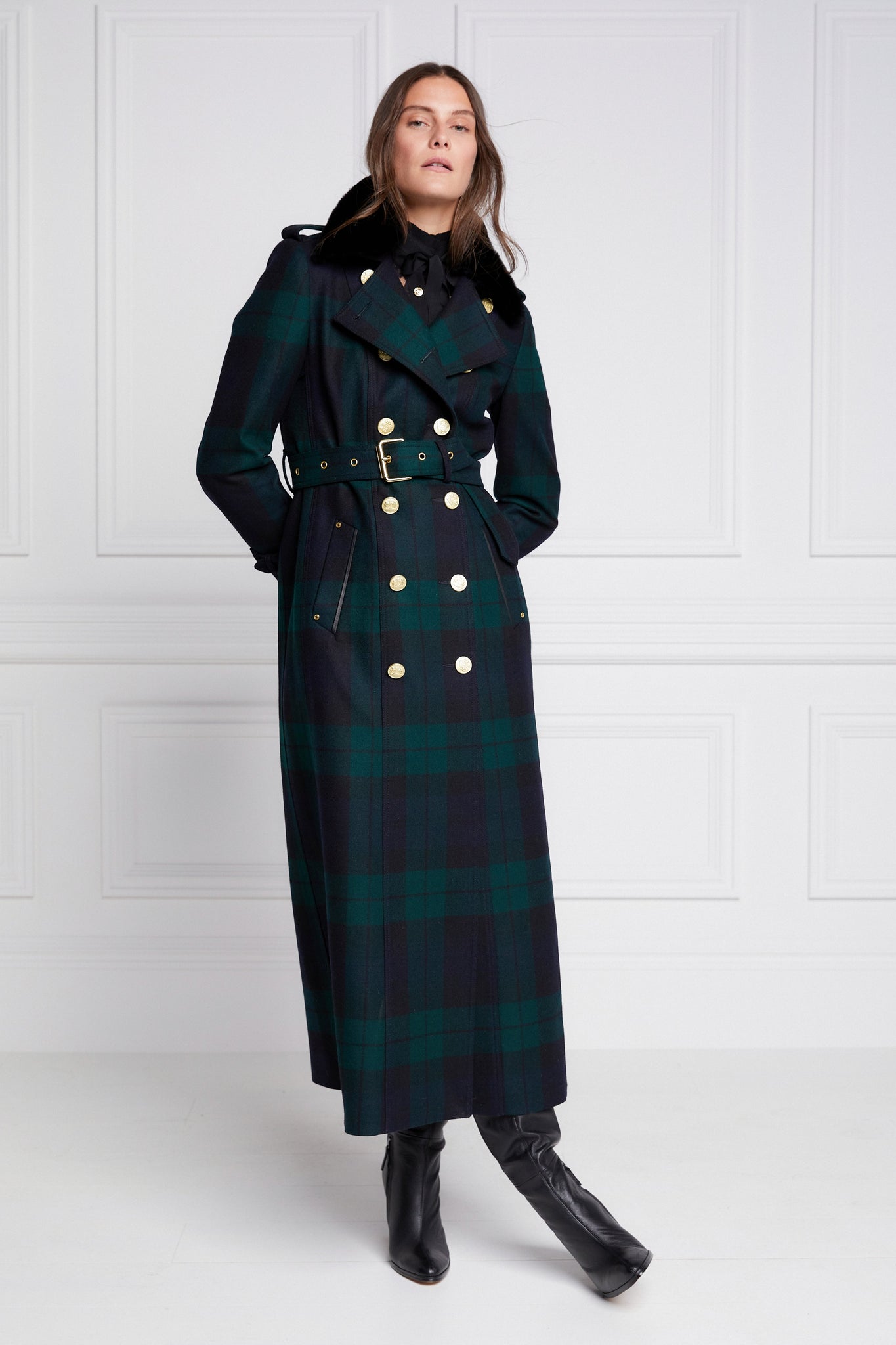 womens navy and green blackwatch houndstooth double breasted full length trench coat with black faux fur collar