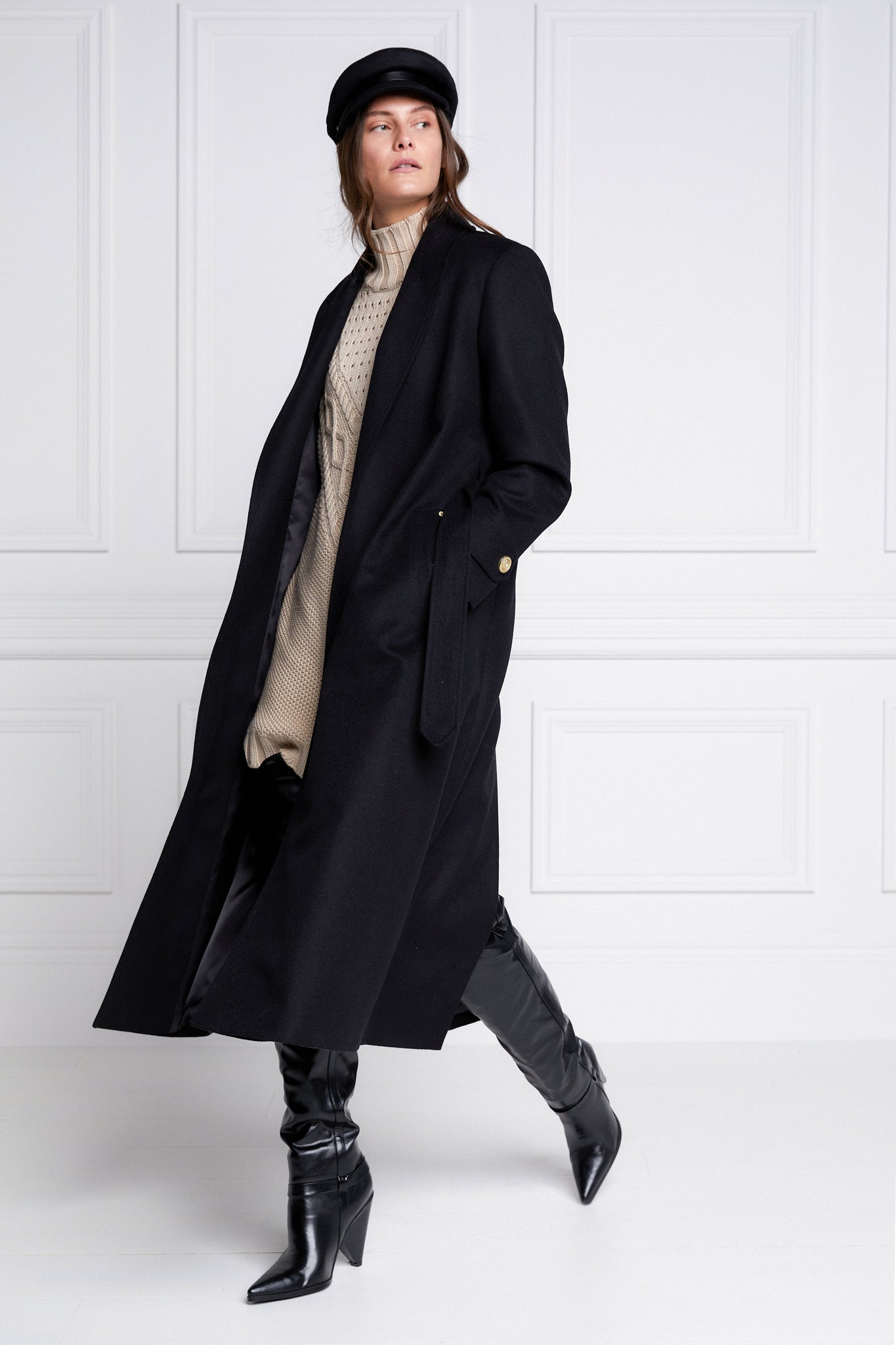 Womens black wool mid length wrap coat with tie belt