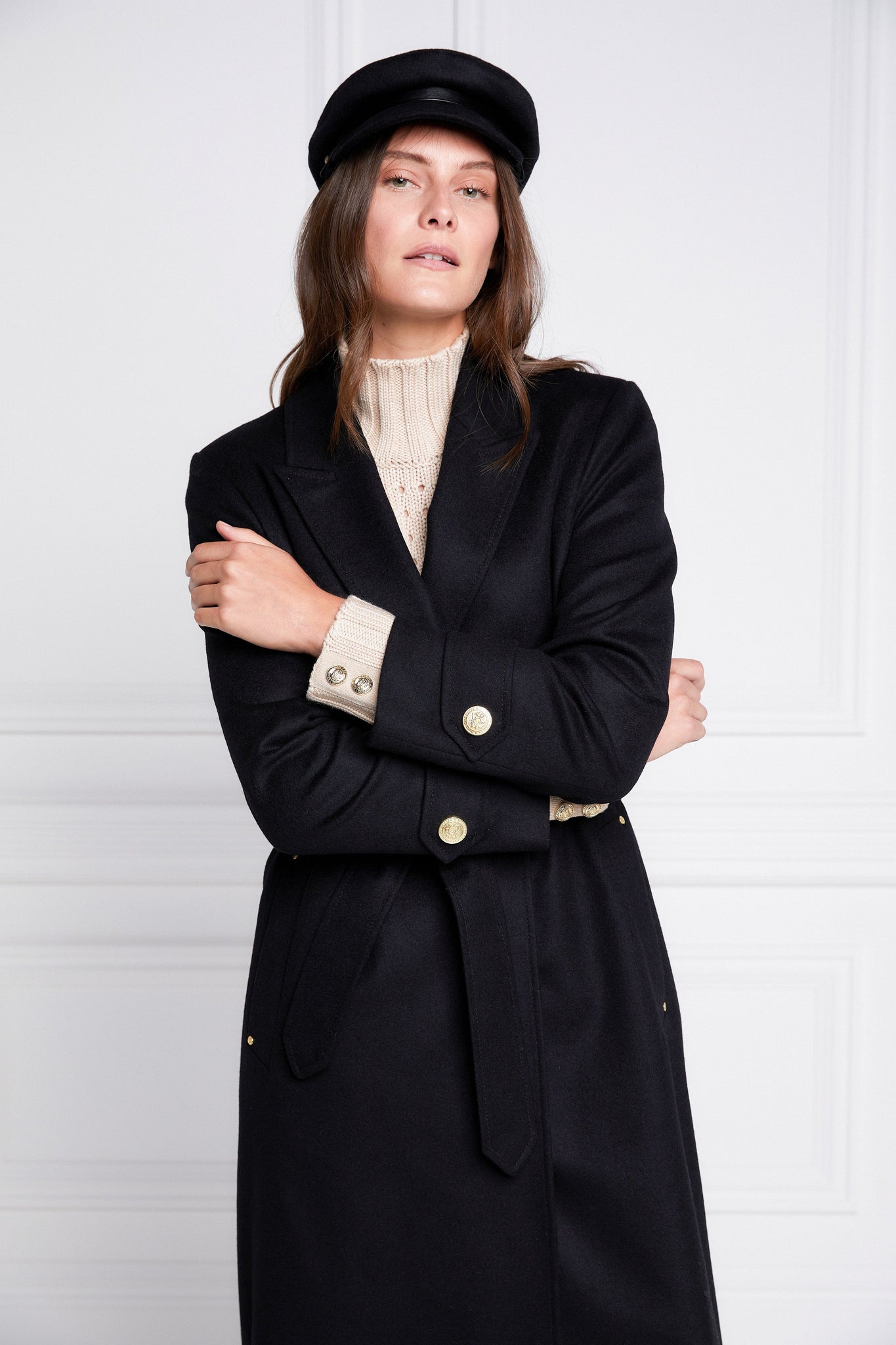 Womens black wool mid length wrap coat with tie belt