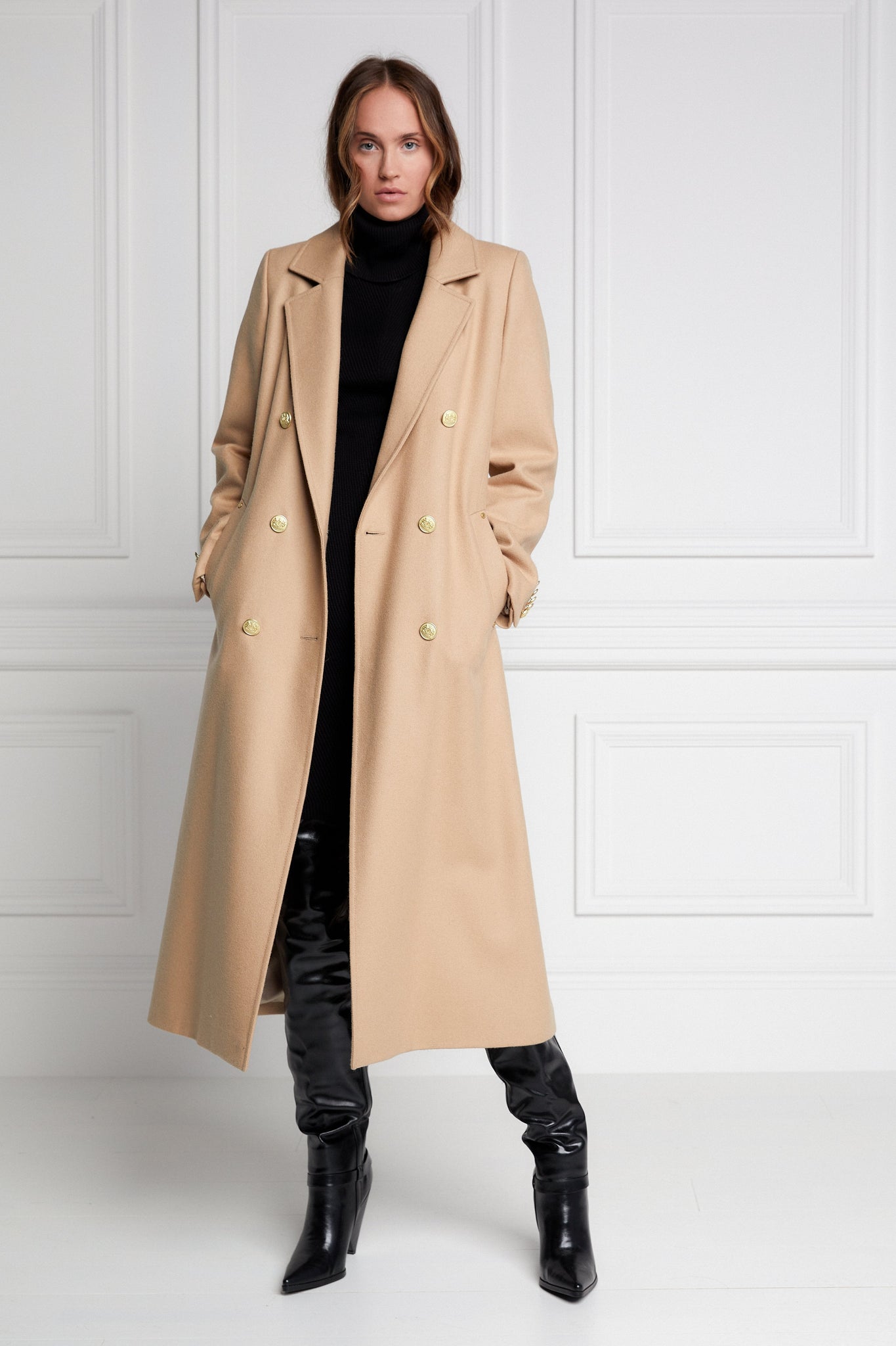 Womens camel wool double breasted mid-length tweed coat 