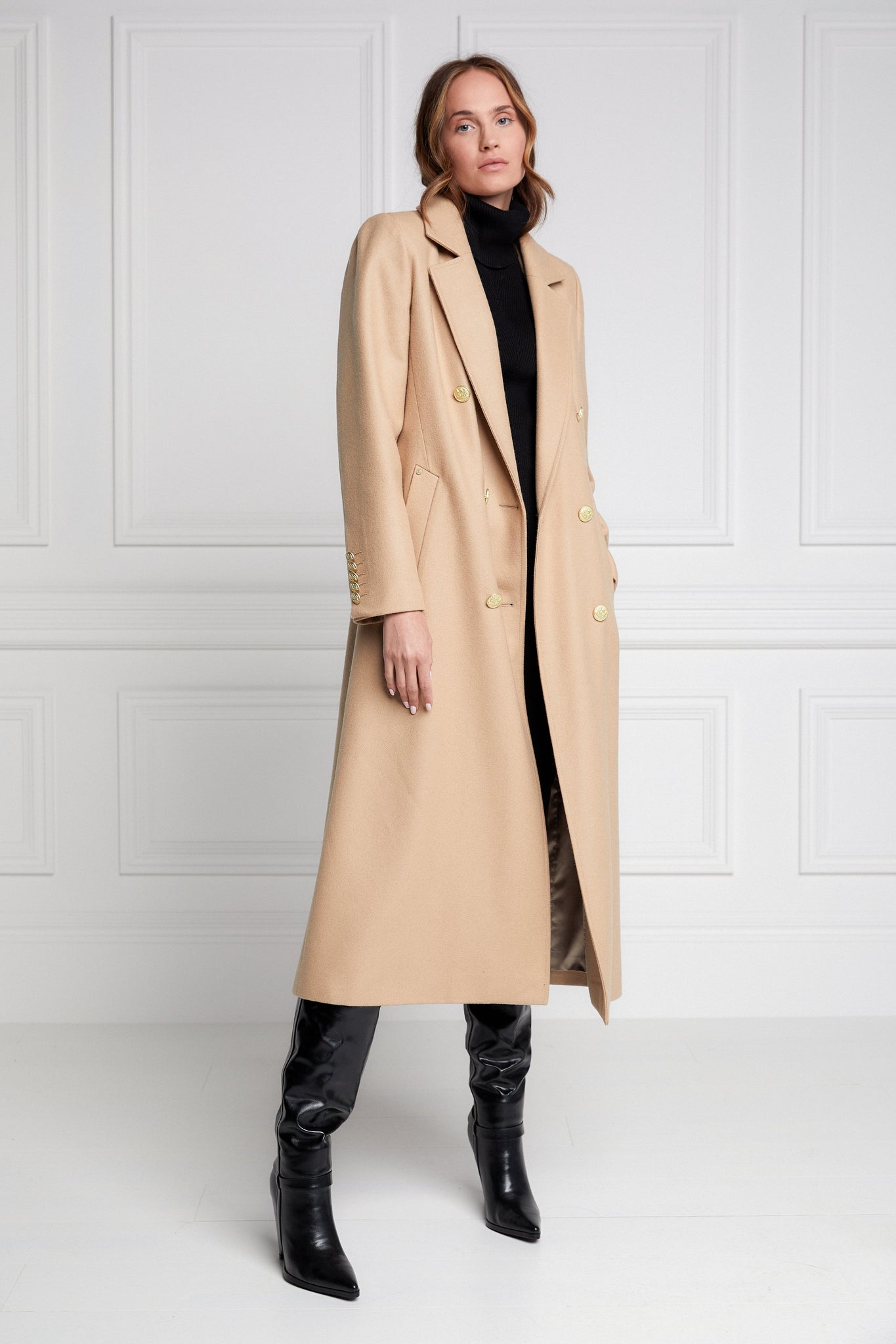 Womens camel wool double breasted mid-length tweed coat 