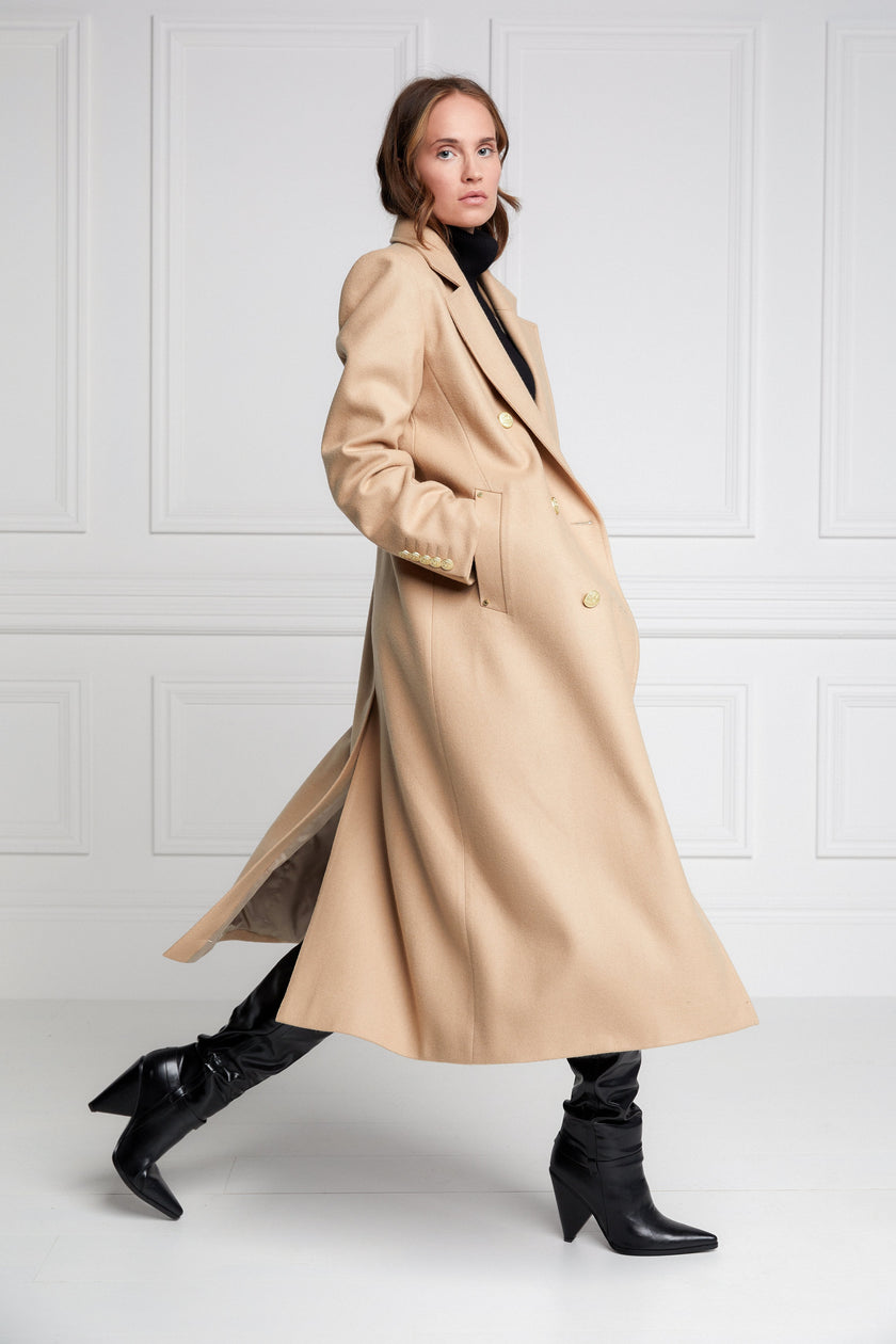 Womens camel wool double breasted mid-length tweed coat 