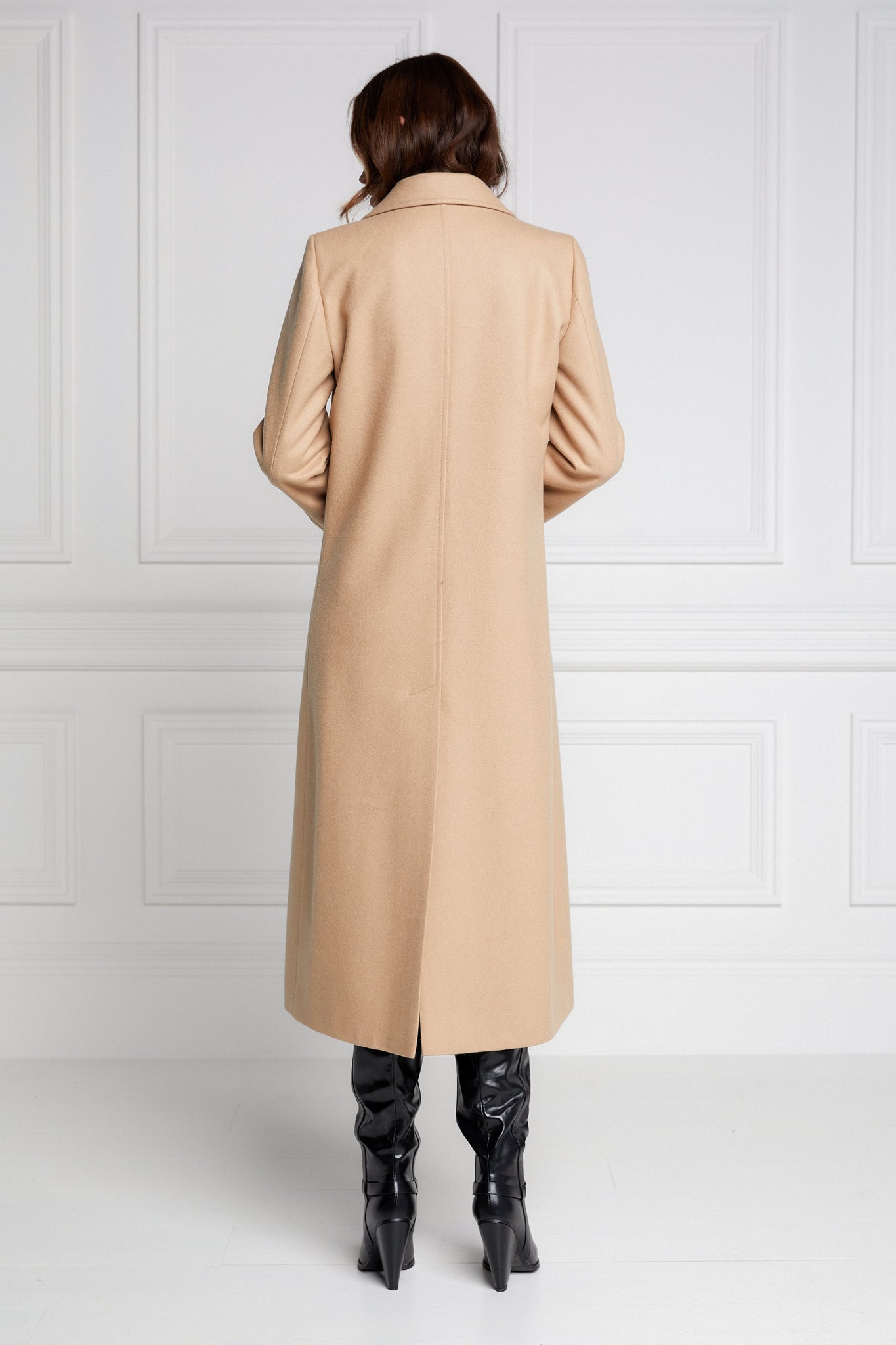 Back of Womens camel wool double breasted mid-length tweed coat 