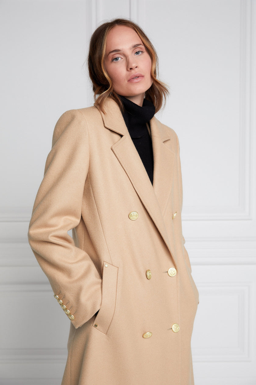 Womens camel wool double breasted mid-length tweed coat 