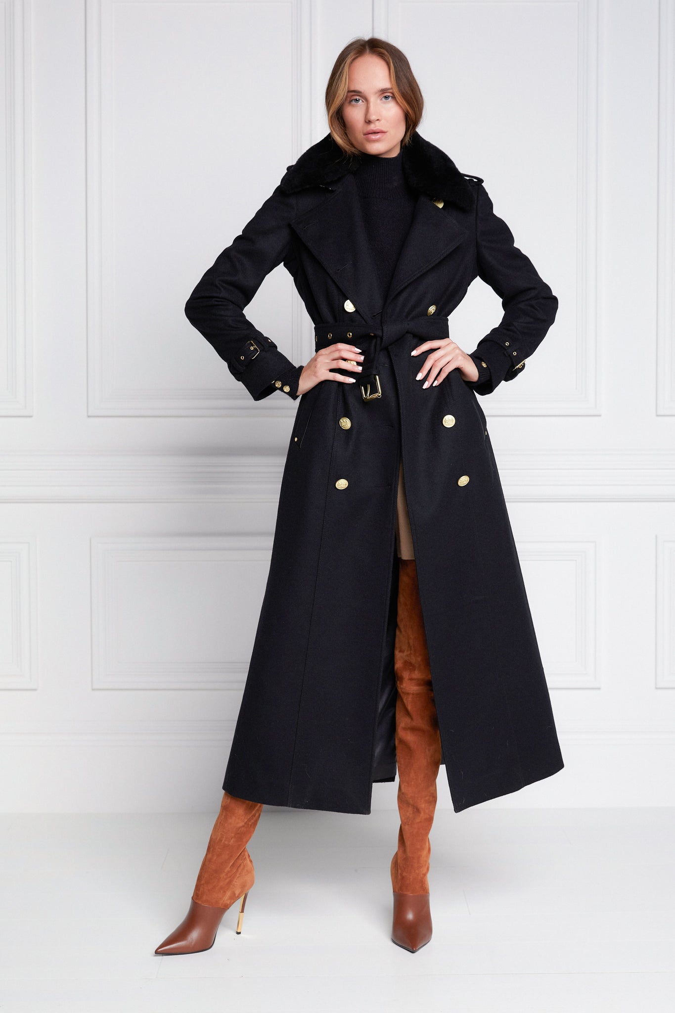 womens black wool double breasted full length trench coat with black faux fur collar