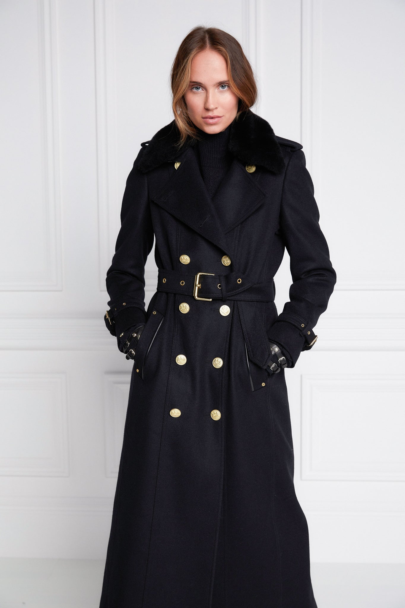 womens black wool double breasted full length trench coat with black faux fur collar