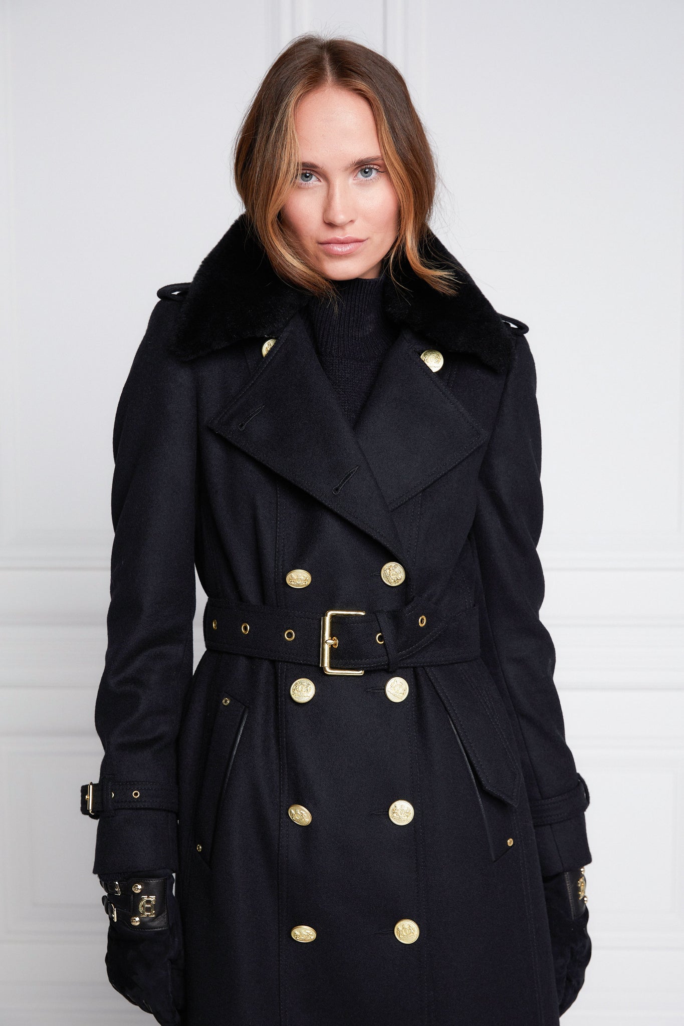 womens black wool double breasted full length trench coat with black faux fur collar