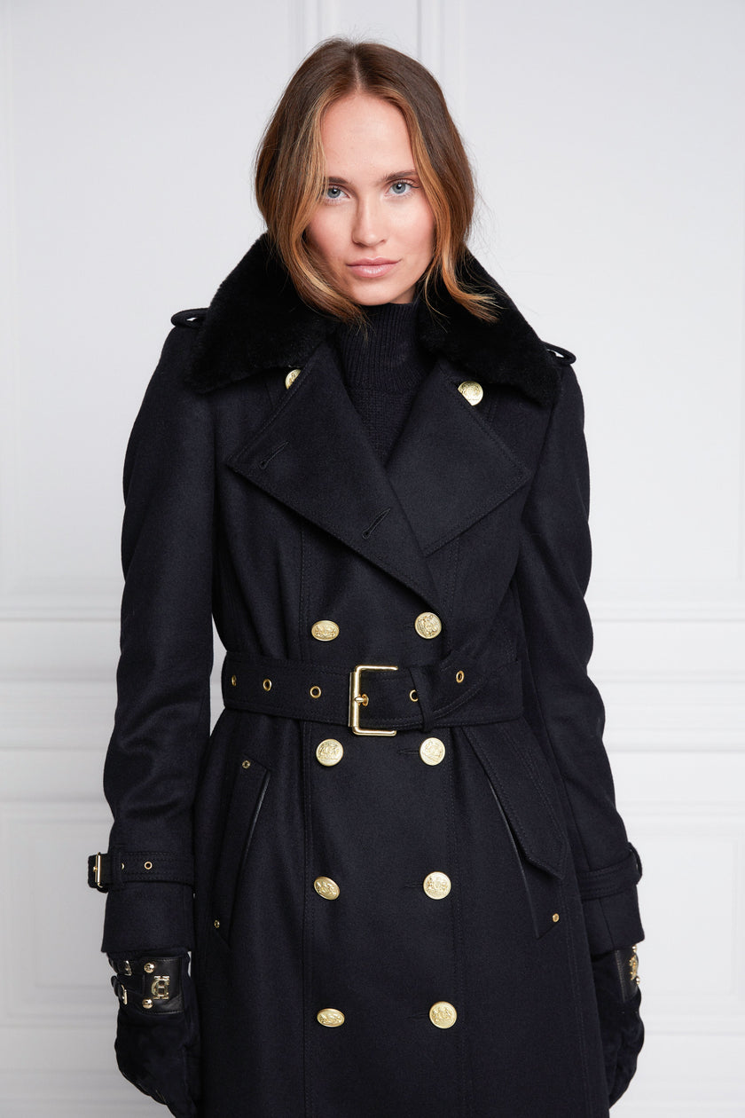 womens black wool double breasted full length trench coat with black faux fur collar