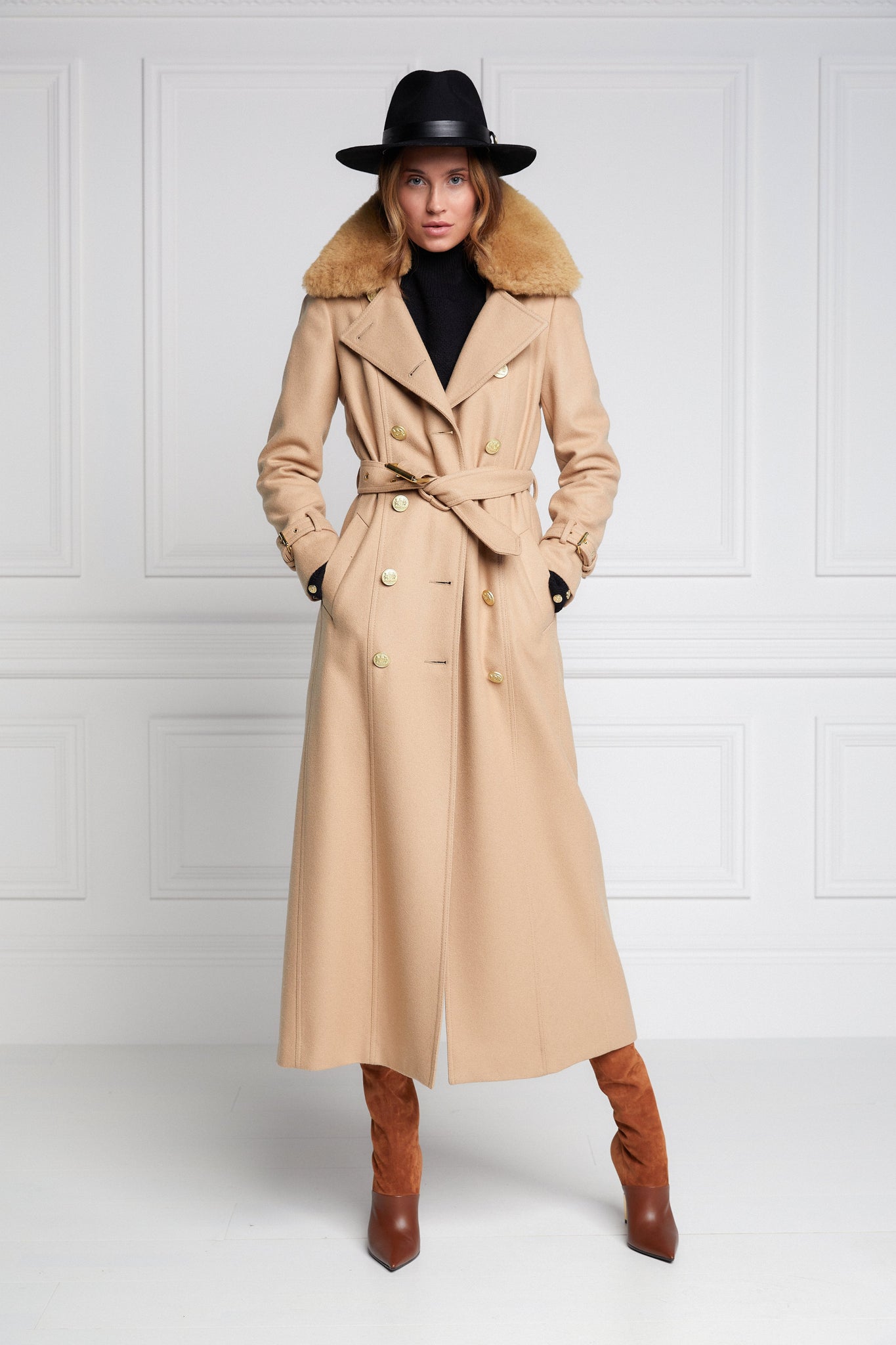 womens natural wool houndstooth double breasted full length trench coat with natural faux fur collar