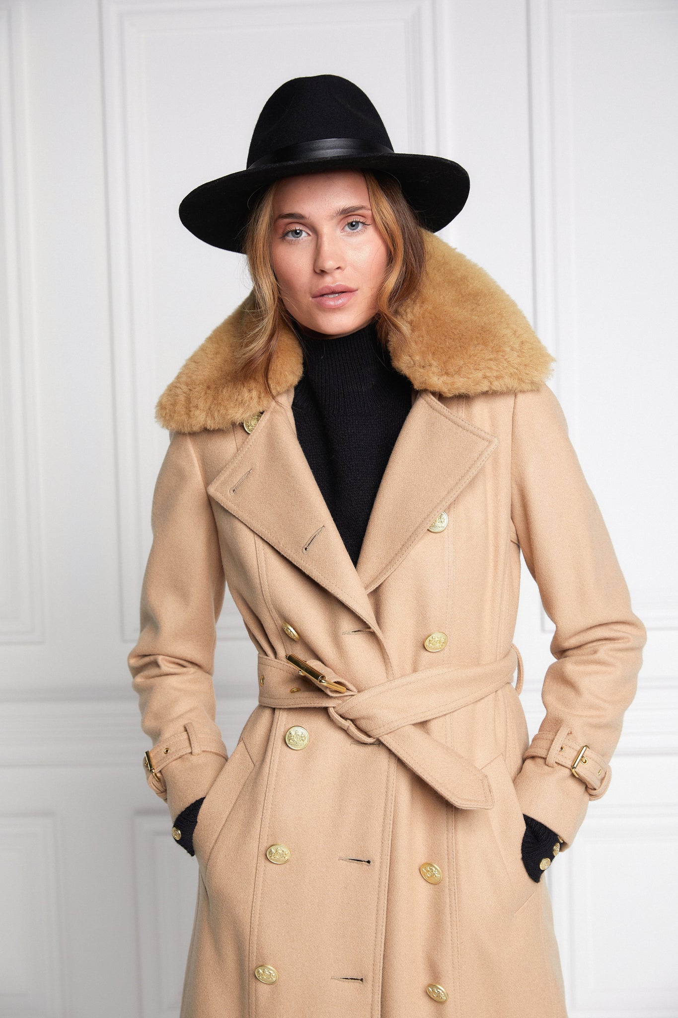 womens natural wool houndstooth double breasted full length trench coat with natural faux fur collar