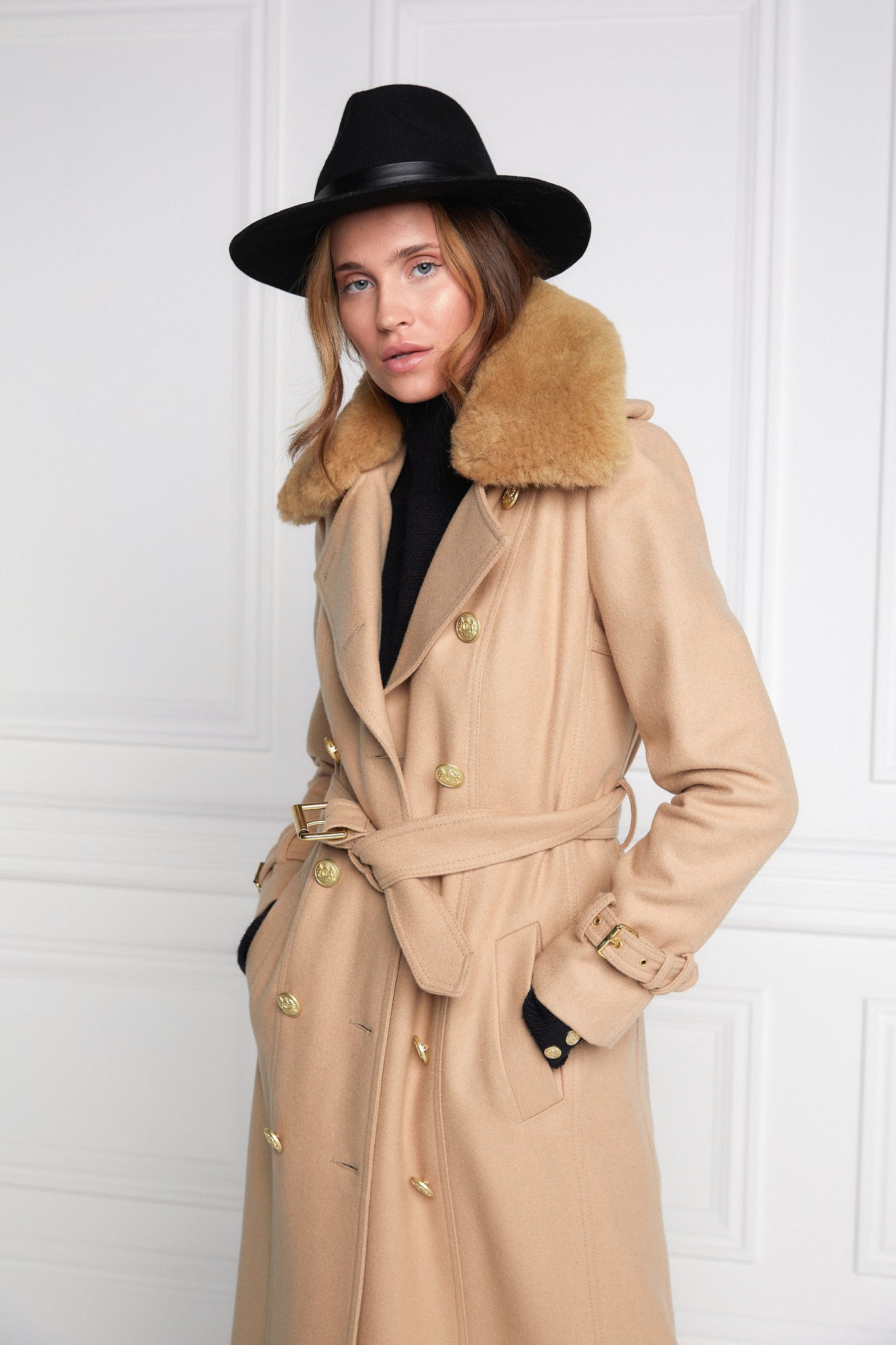 womens natural wool houndstooth double breasted full length trench coat with natural faux fur collar