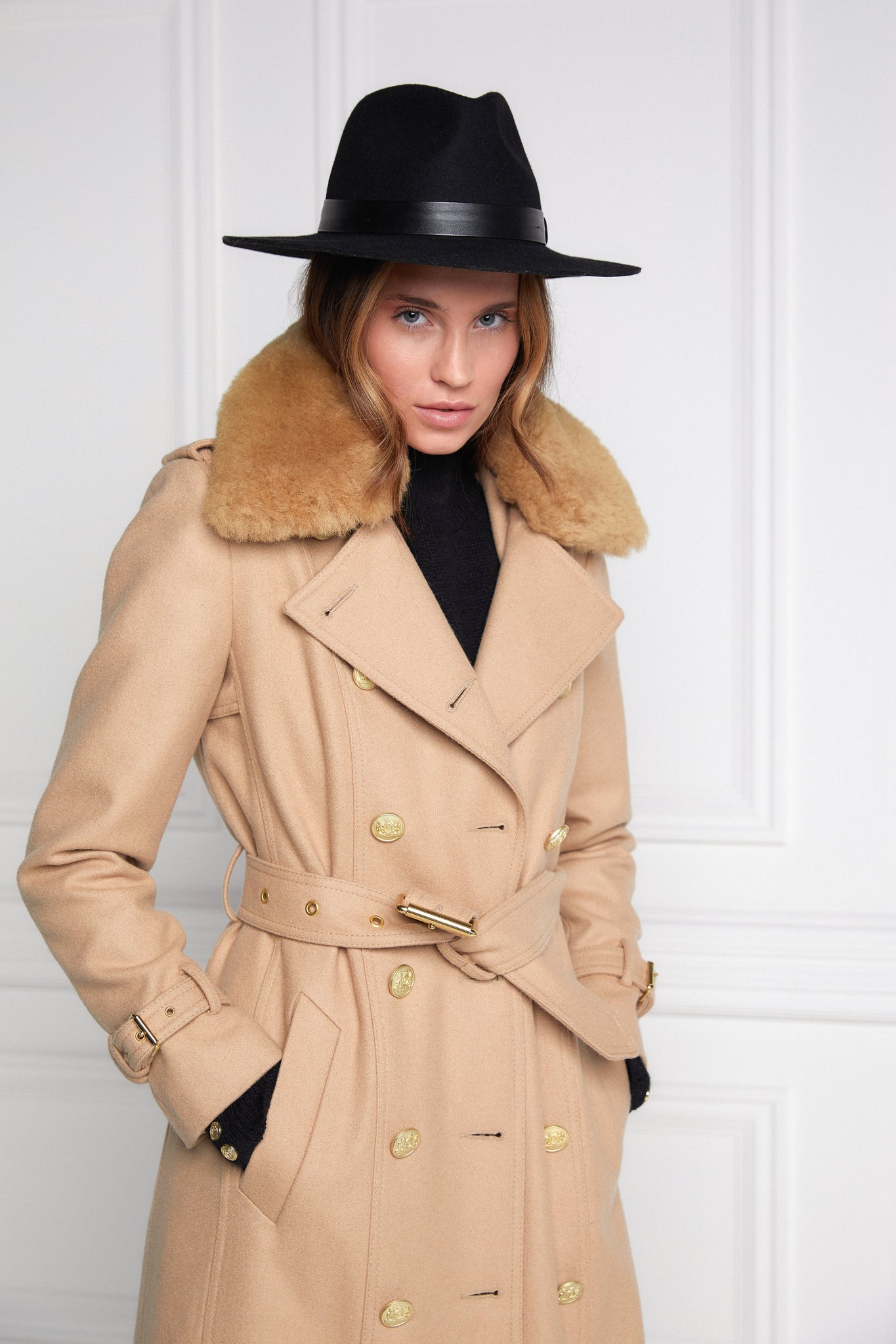 womens natural wool houndstooth double breasted full length trench coat with natural faux fur collar