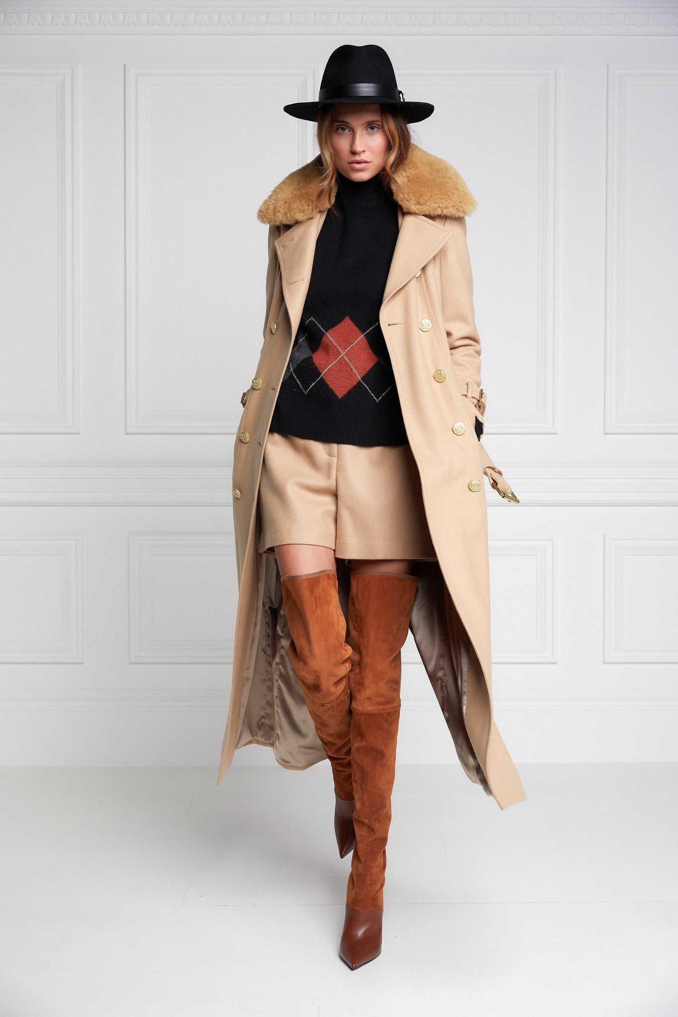 womens natural wool houndstooth double breasted full length trench coat with natural faux fur collar