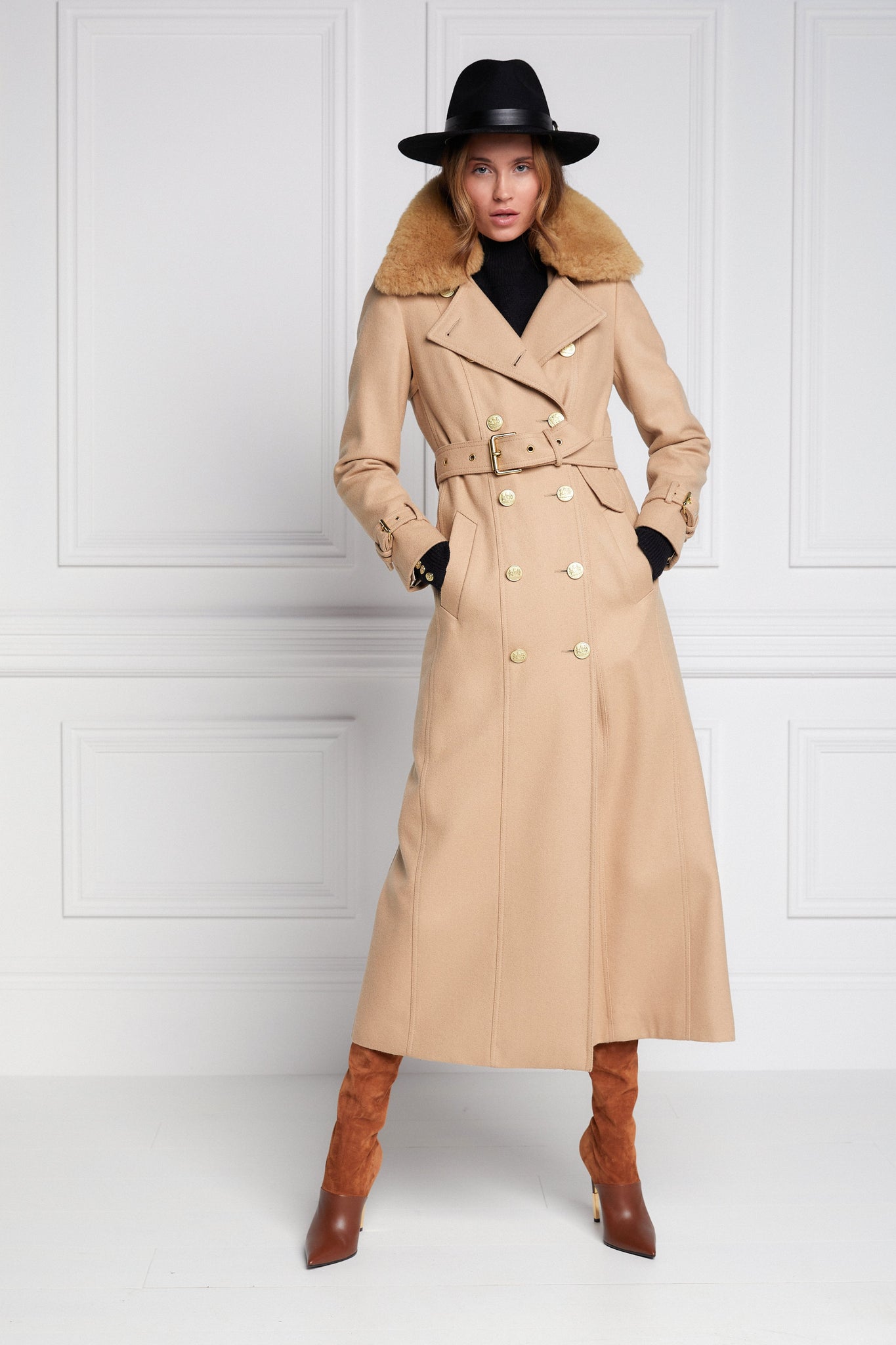 womens natural wool houndstooth double breasted full length trench coat with natural faux fur collar