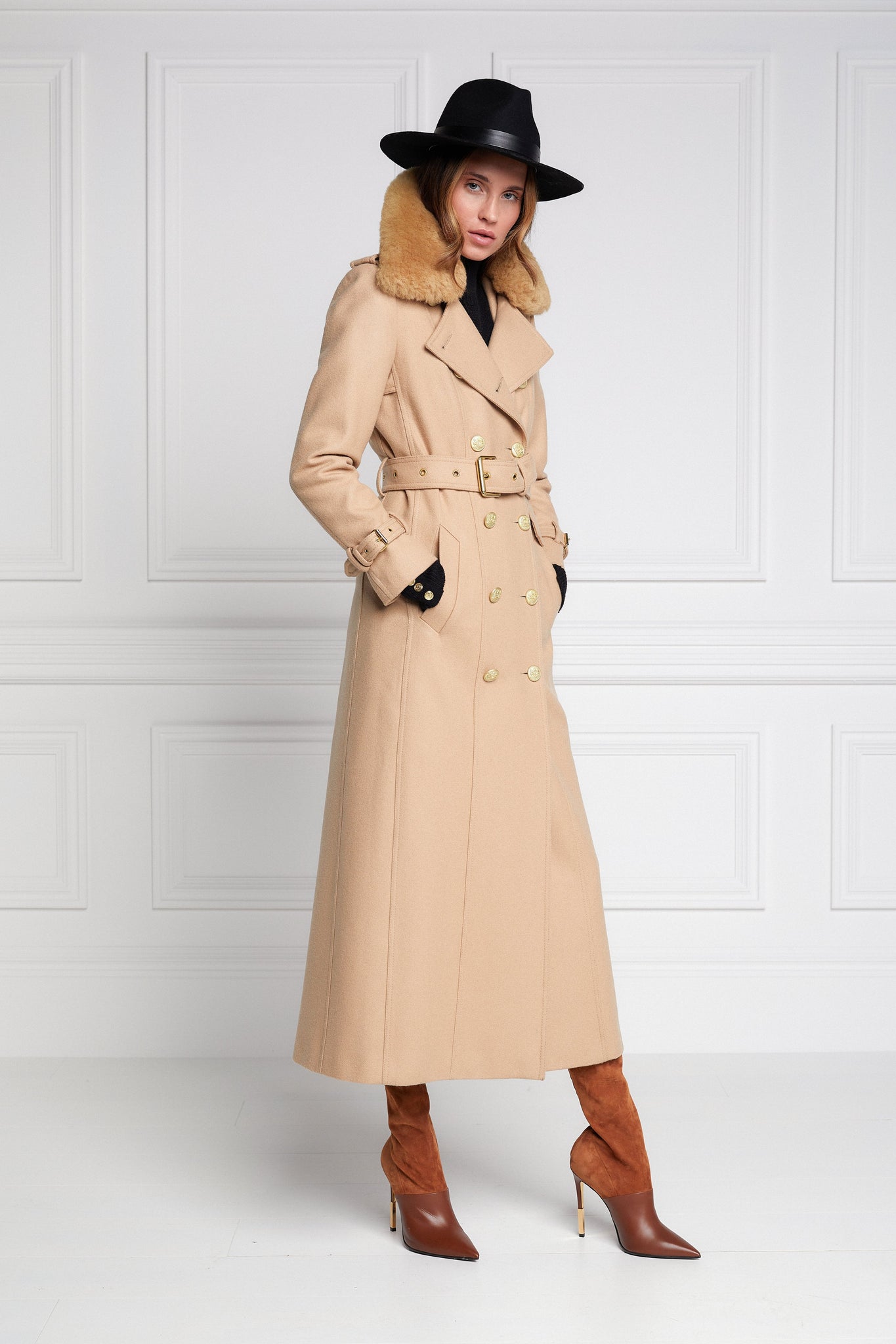 womens natural wool houndstooth double breasted full length trench coat with natural faux fur collar