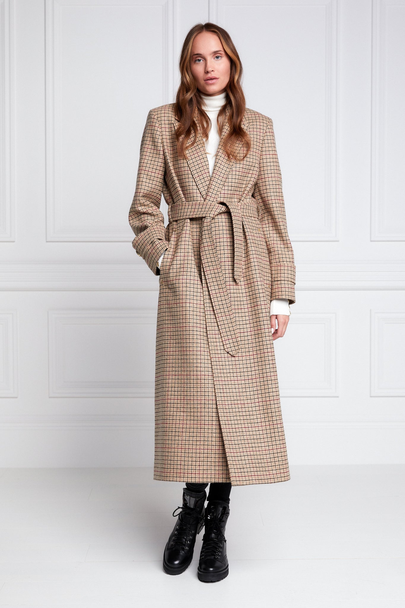 Womens checked brown green and red tweed mid length wrap coat with tie belt