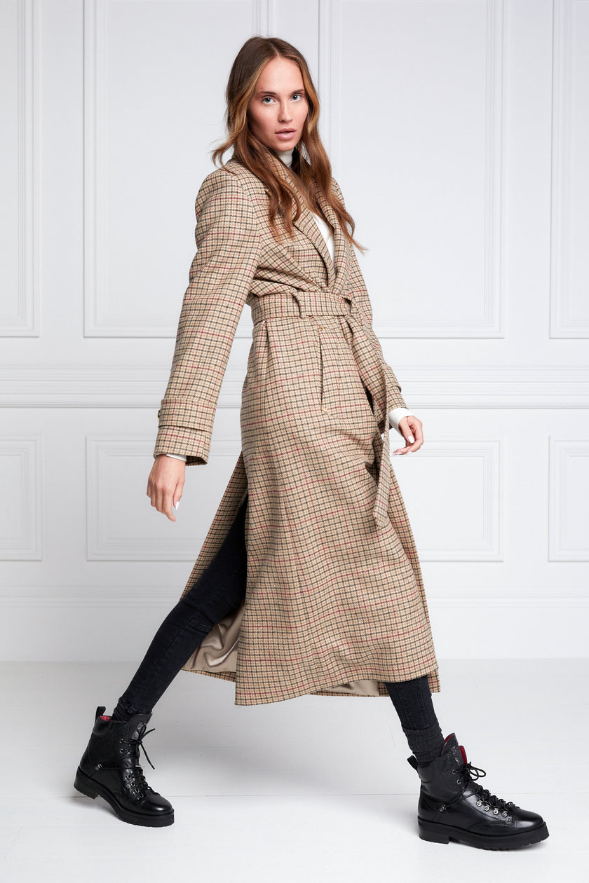 Womens checked brown green and red tweed mid length wrap coat with tie belt