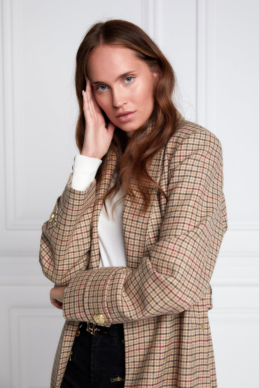 Womens checked brown green and red tweed mid length wrap coat with tie belt