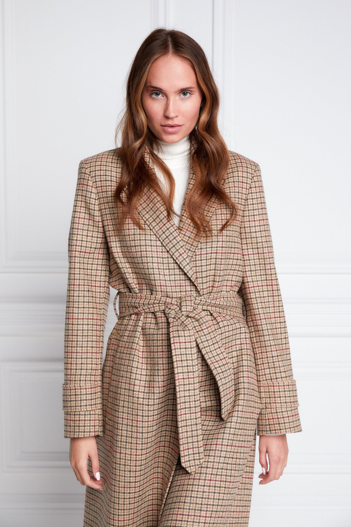 Womens checked brown green and red tweed mid length wrap coat with tie belt