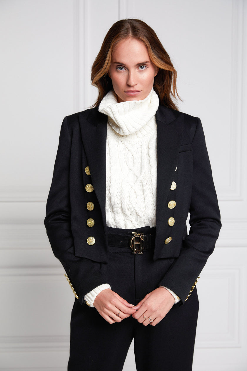 British made tailored cropped jacket in black with welt pockets and gold button detail down the front and on sleeves