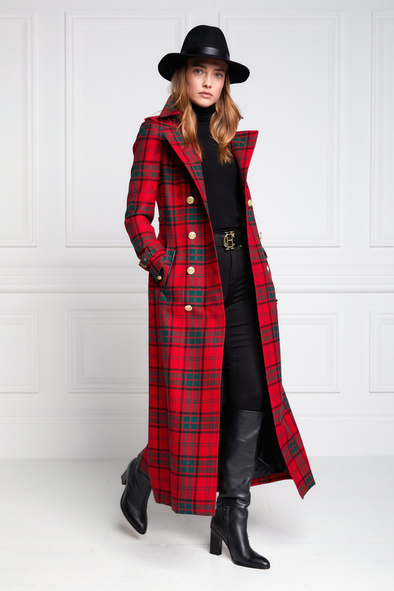 Boutique - Full Length Marlborough Trench Coat (Red Tartan)
