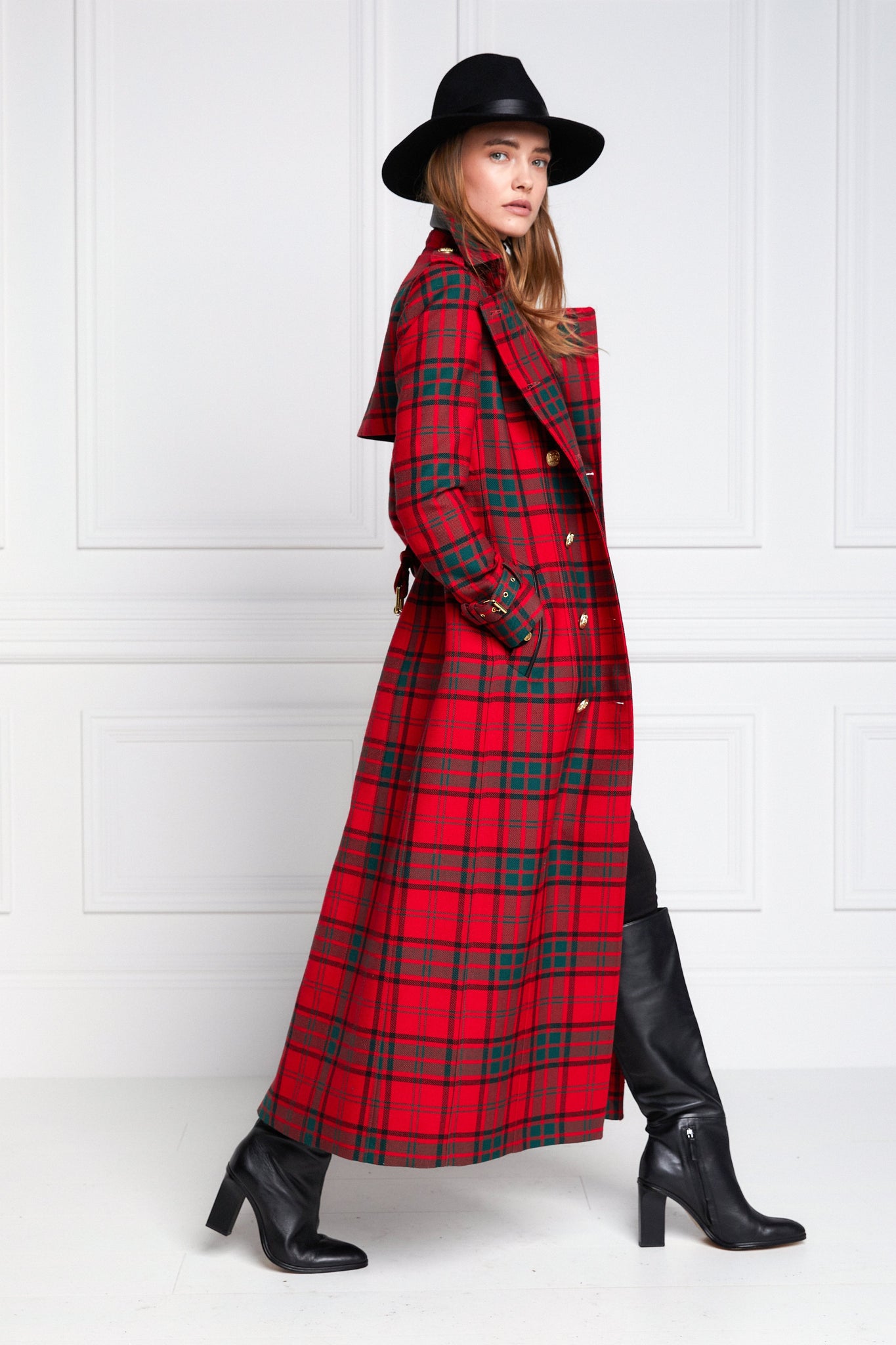 Boutique - Full Length Marlborough Trench Coat (Red Tartan)