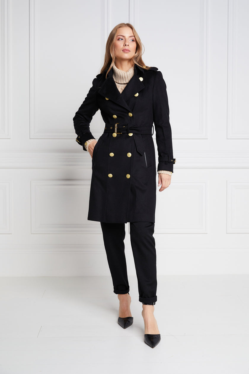 womens black detailed with gold hardware knee length wool trench coat