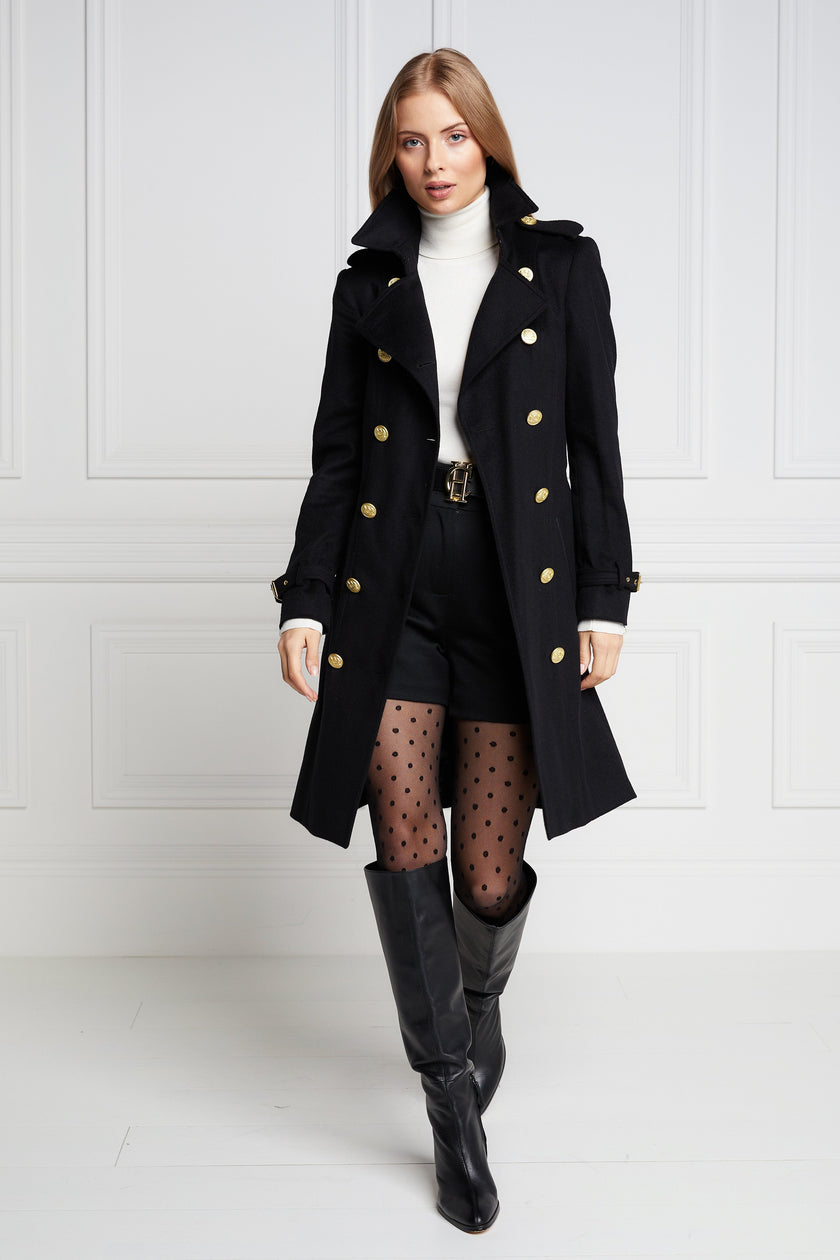 womens black detailed with gold hardware knee length wool trench coat