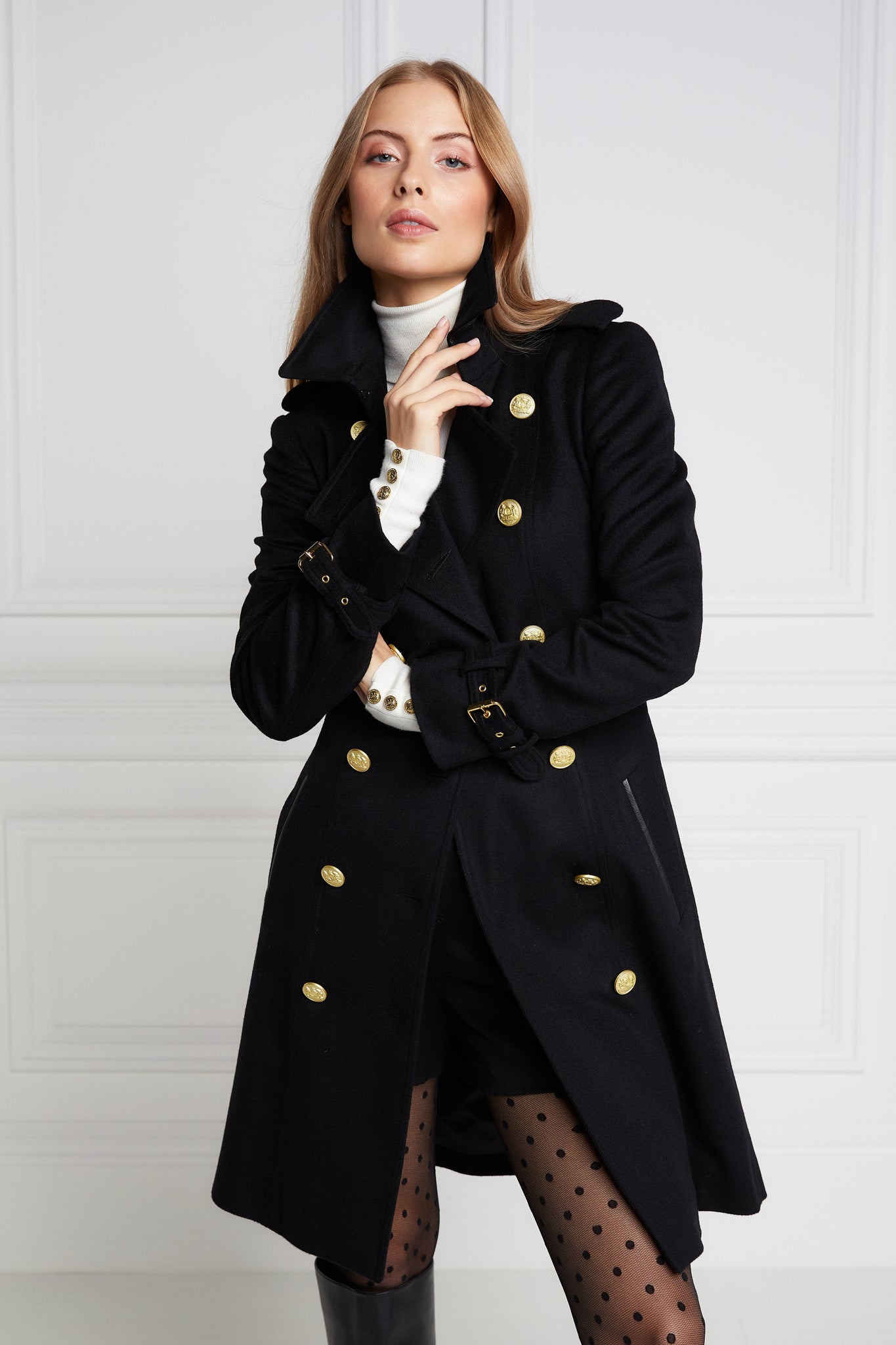 womens black detailed with gold hardware knee length wool trench coat