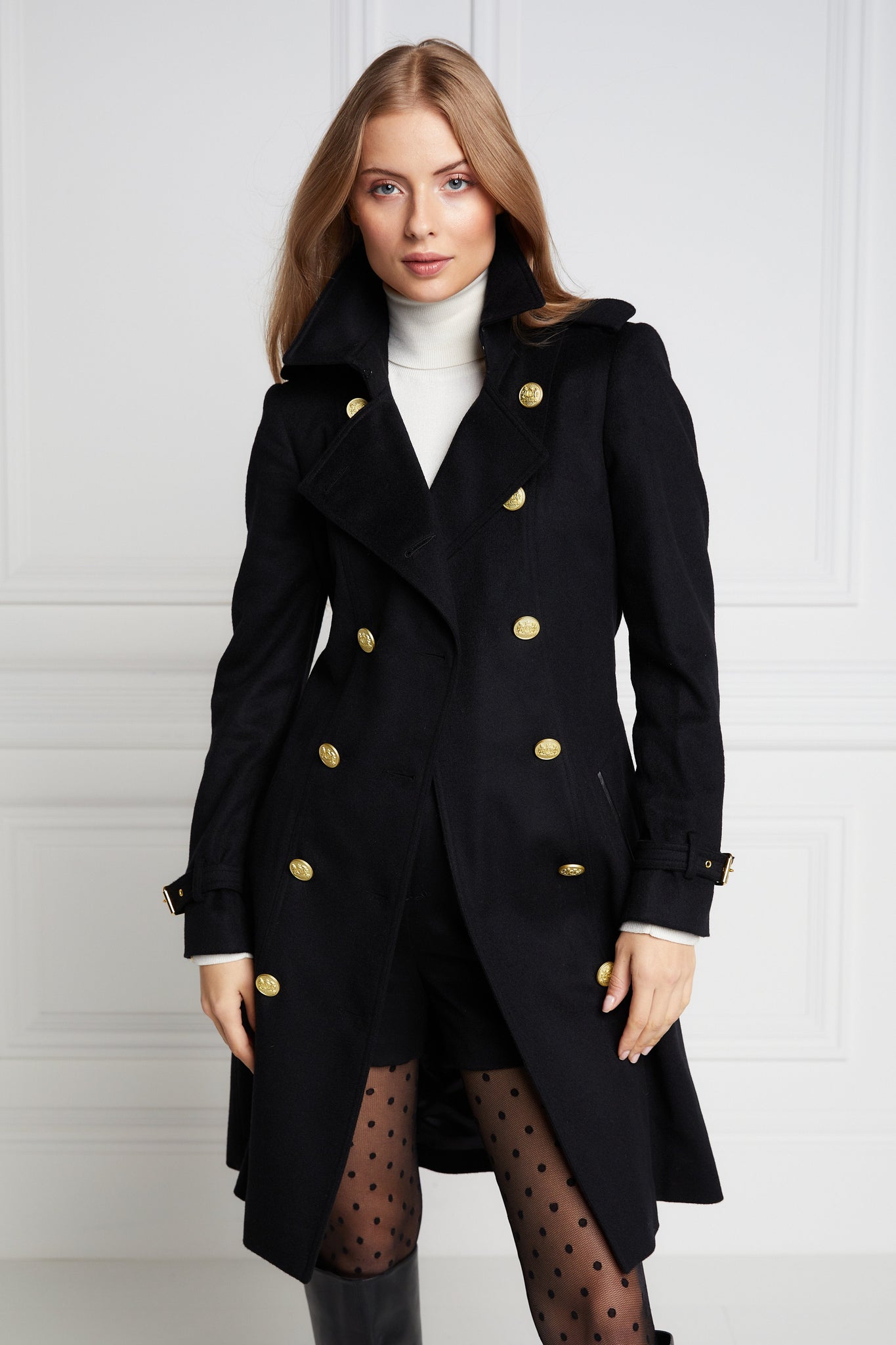 womens black detailed with gold hardware knee length wool trench coat