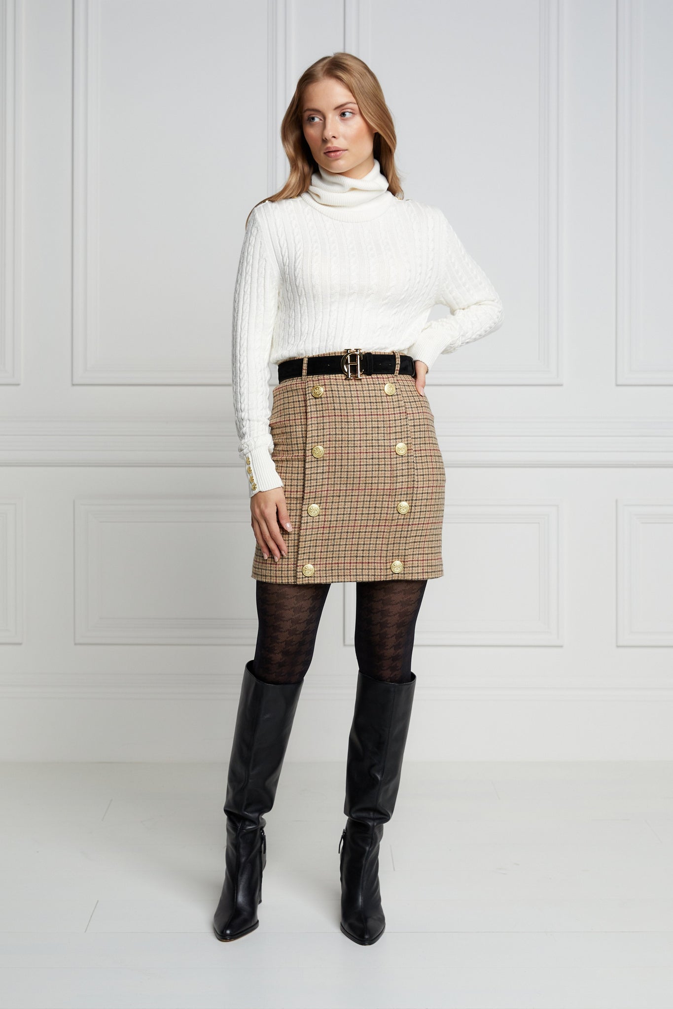 womens wool pencil mini skirt in light brown and red tweed check with concealed zip fastening on centre back and gold rivets down front