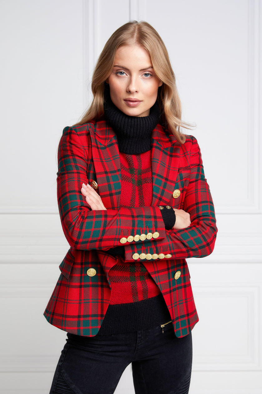 British made double breasted blazer that fastens with a single button hole to create a more form fitting silhouette with two pockets and gold button detailing this blazer is made from red and green tartan