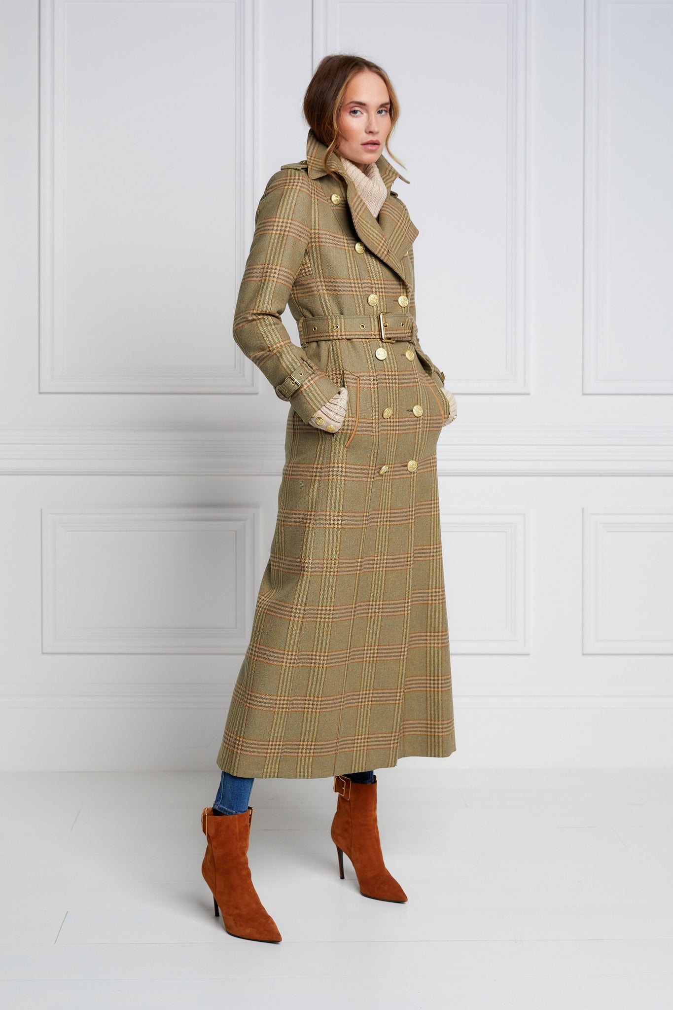 womens green tartan double breasted full length wool trench coat