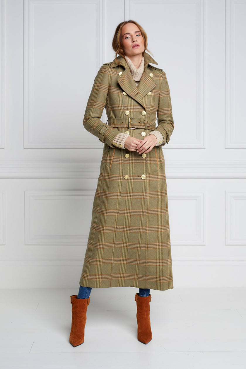 womens green tartan double breasted full length wool trench coat