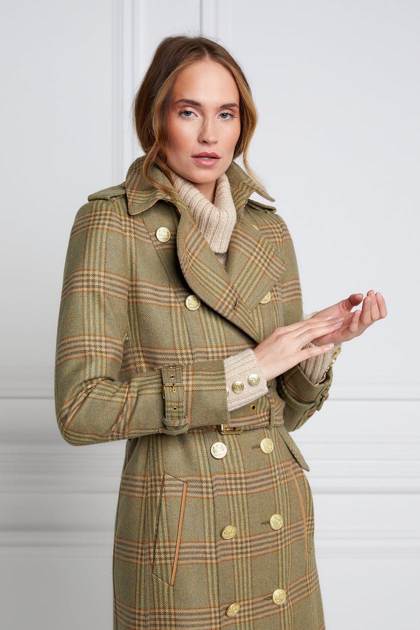 womens green tartan double breasted full length wool trench coat