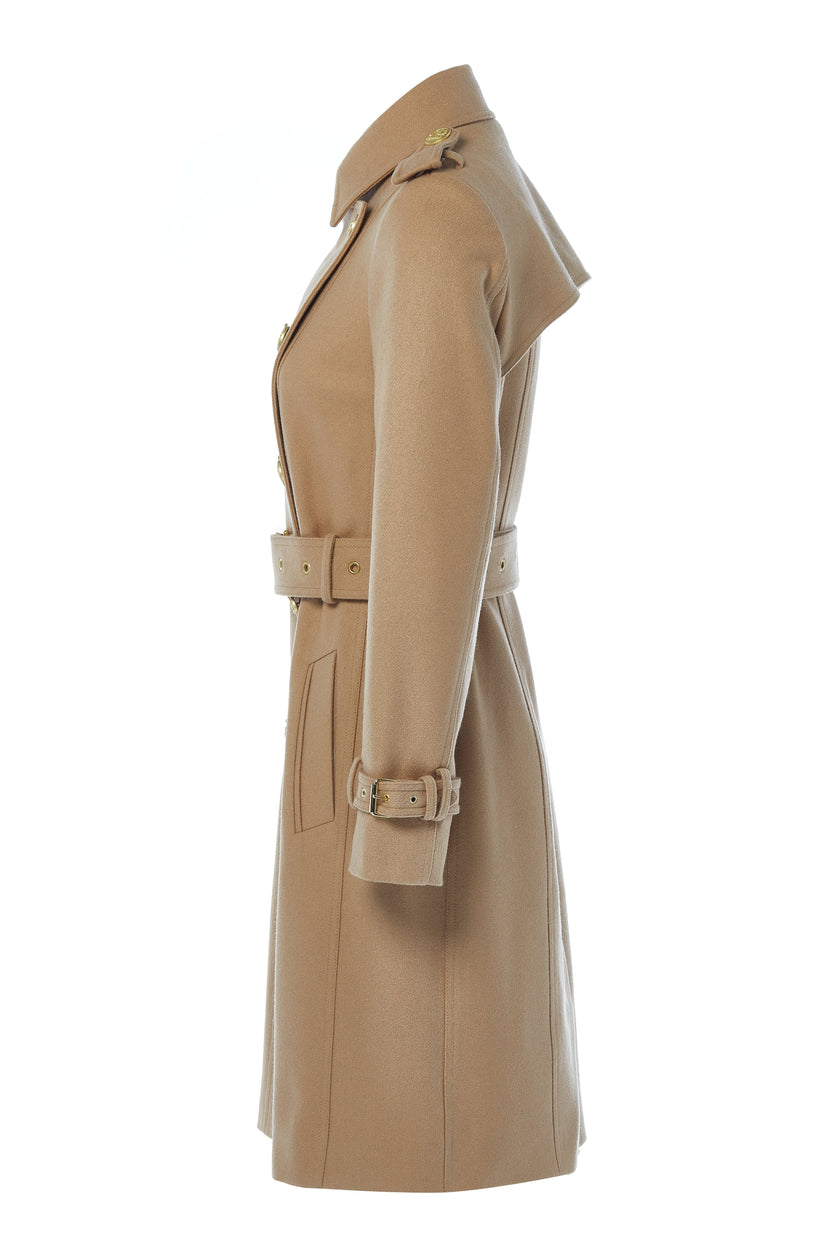 Side of womens camel detailed with gold hardware knee length wool trench coat