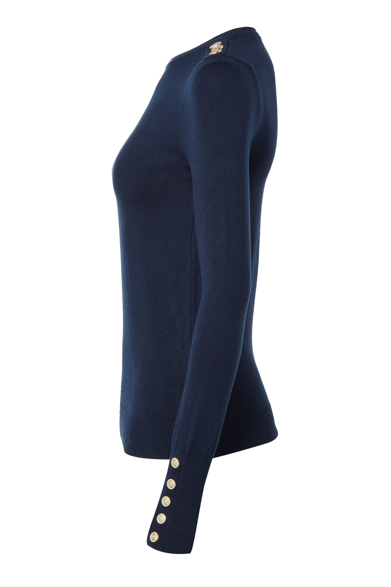 side of super soft lightweight jumper in navy with ribbed crew neck collar, cuffs and hem and gold button detail across shoulders and cuffs