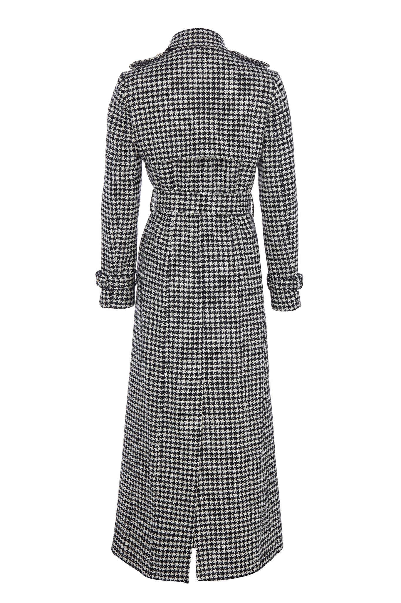 back of womens black and white houndstooth double breasted full length wool trench coat